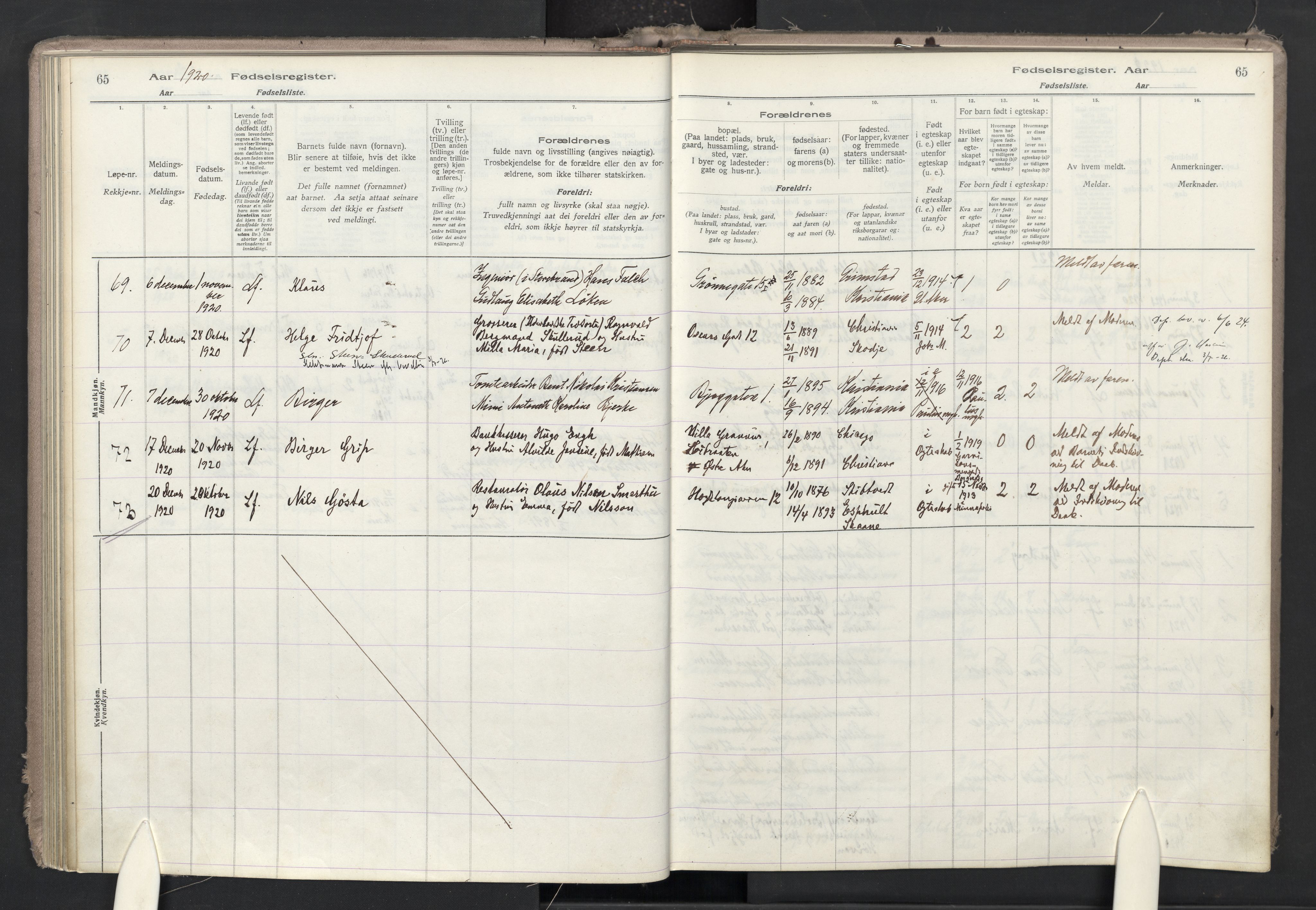 Trefoldighet prestekontor Kirkebøker, AV/SAO-A-10882/J/Ja/L0001: Fødselsregister nr. 1, 1916-1931, s. 65