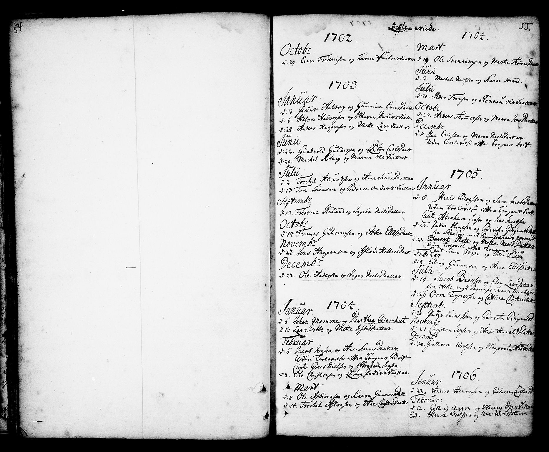 Kragerø kirkebøker, AV/SAKO-A-278/F/Fa/L0001: Ministerialbok nr. 1, 1702-1766, s. 54-55