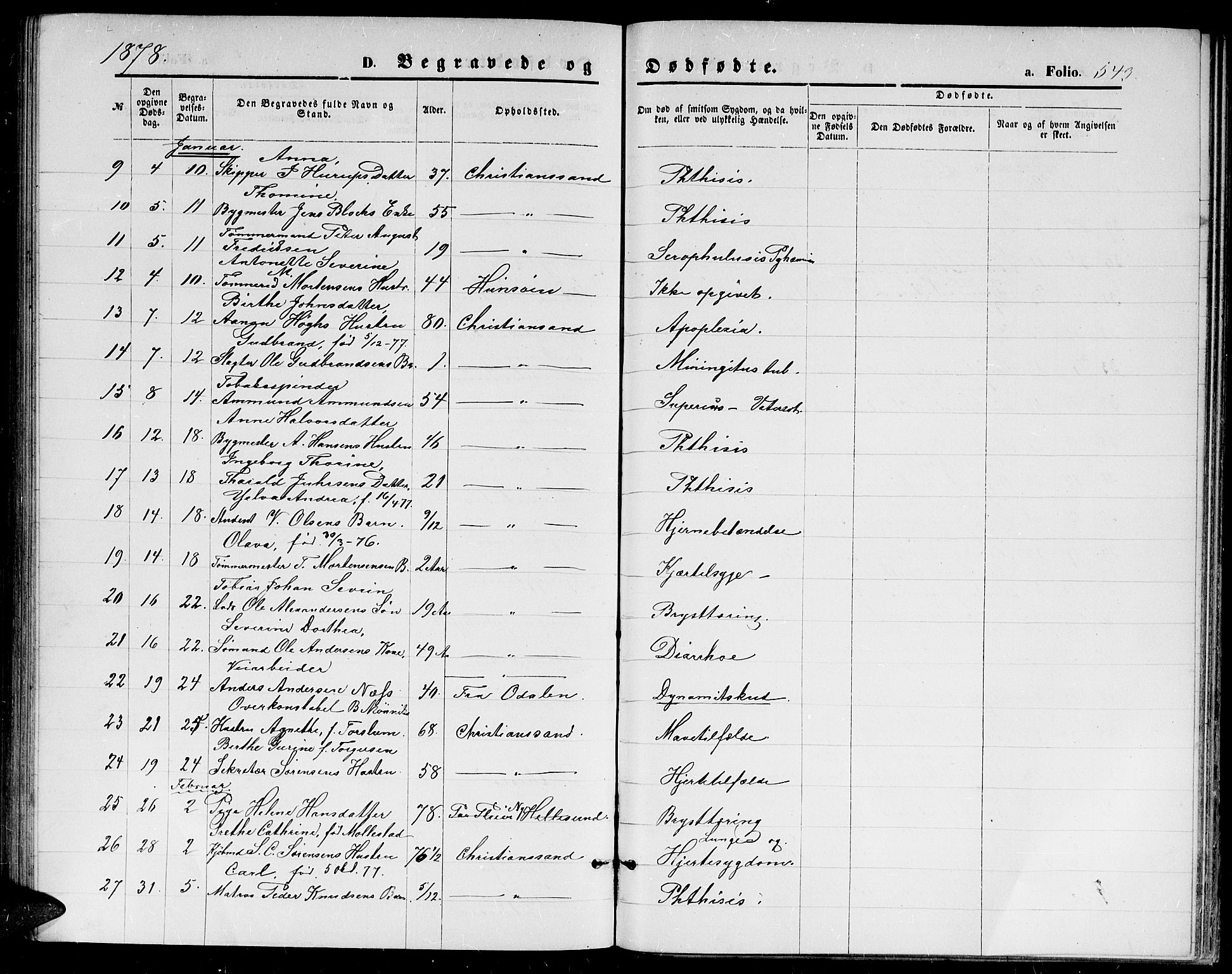 Kristiansand domprosti, AV/SAK-1112-0006/F/Fb/L0013: Klokkerbok nr. B 13, 1871-1880, s. 543