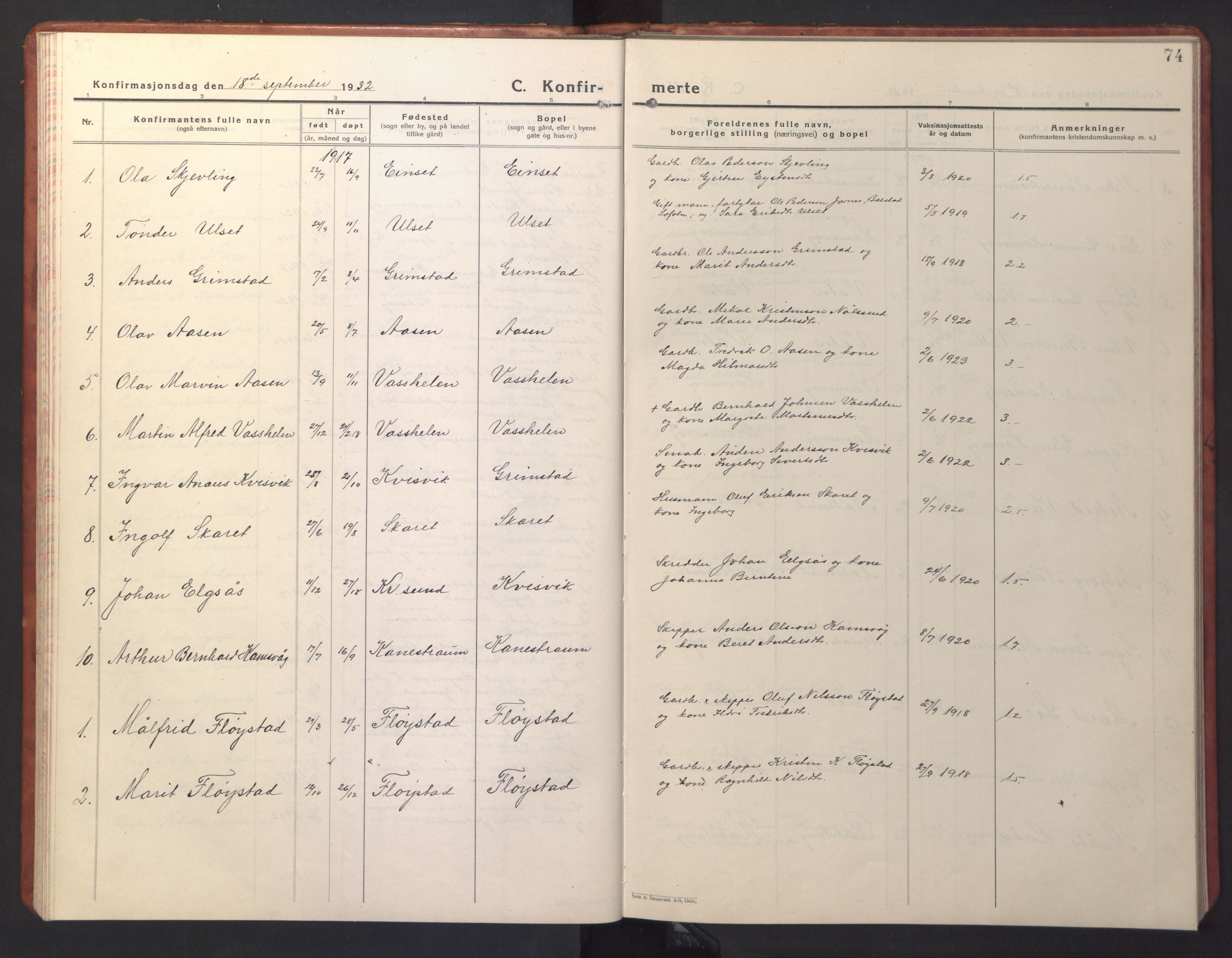 Ministerialprotokoller, klokkerbøker og fødselsregistre - Møre og Romsdal, SAT/A-1454/587/L1002: Klokkerbok nr. 587C02, 1926-1951, s. 74