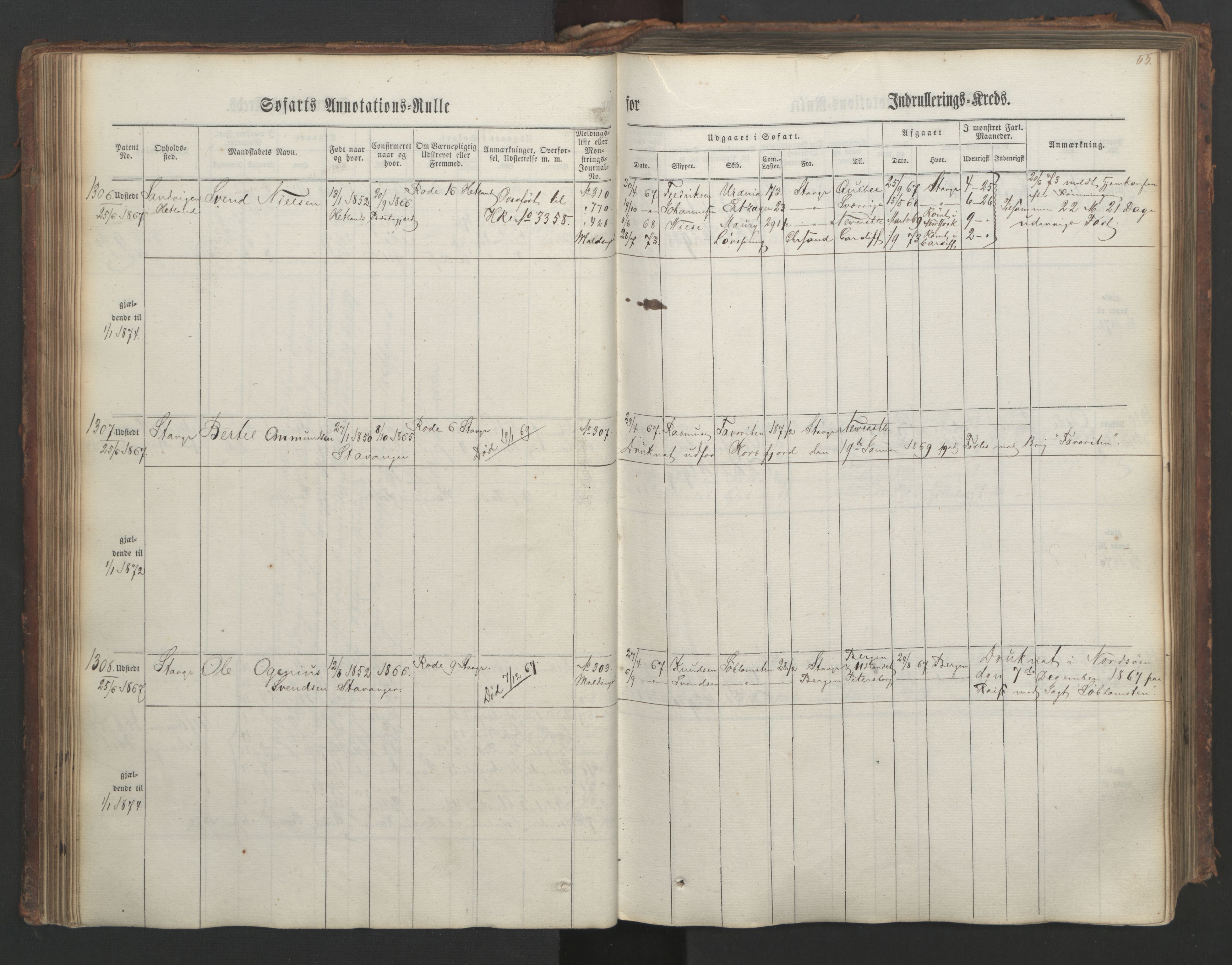 Stavanger sjømannskontor, AV/SAST-A-102006/F/Ff/L0003: Annotasjonsrulle, patentnr. 1144-1761, 1866, s. 67