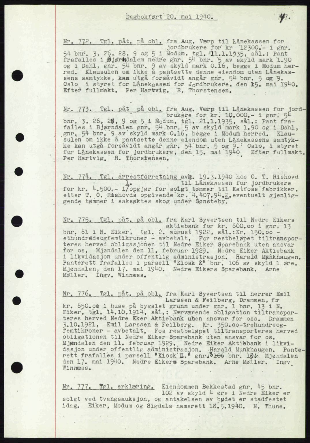 Eiker, Modum og Sigdal sorenskriveri, SAKO/A-123/G/Ga/Gab/L0041: Pantebok nr. A11, 1939-1940, Dagboknr: 772/1940