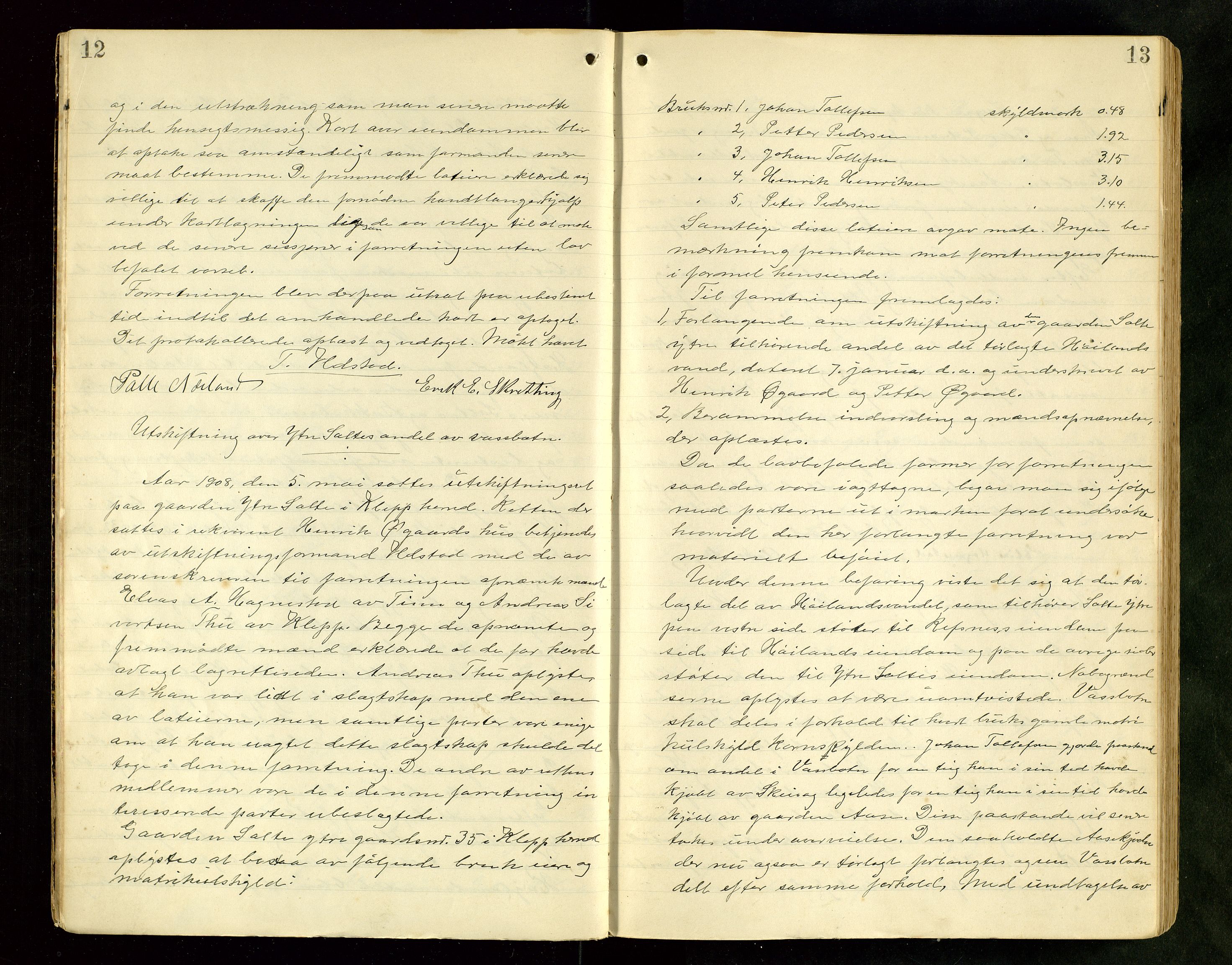 Rogaland jordskifterett, AV/SAST-A-102426/Oa/L0067: Forhandlingsprotokoll, 1908-1910, s. 12-13