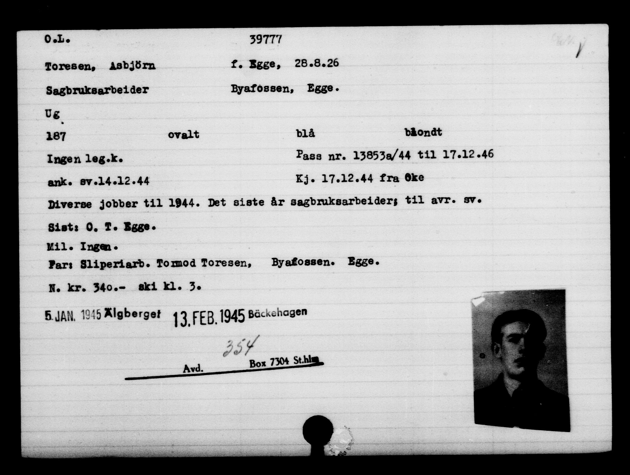 Utenriksstasjonene, Legasjonen i Stockholm, Flyktningkontoret, AV/RA-S-6753/V/Va/L0015: Kjesäterkartoteket, flyktninger med registreringsnr. 37800-40770, 1940-1945, s. 2038