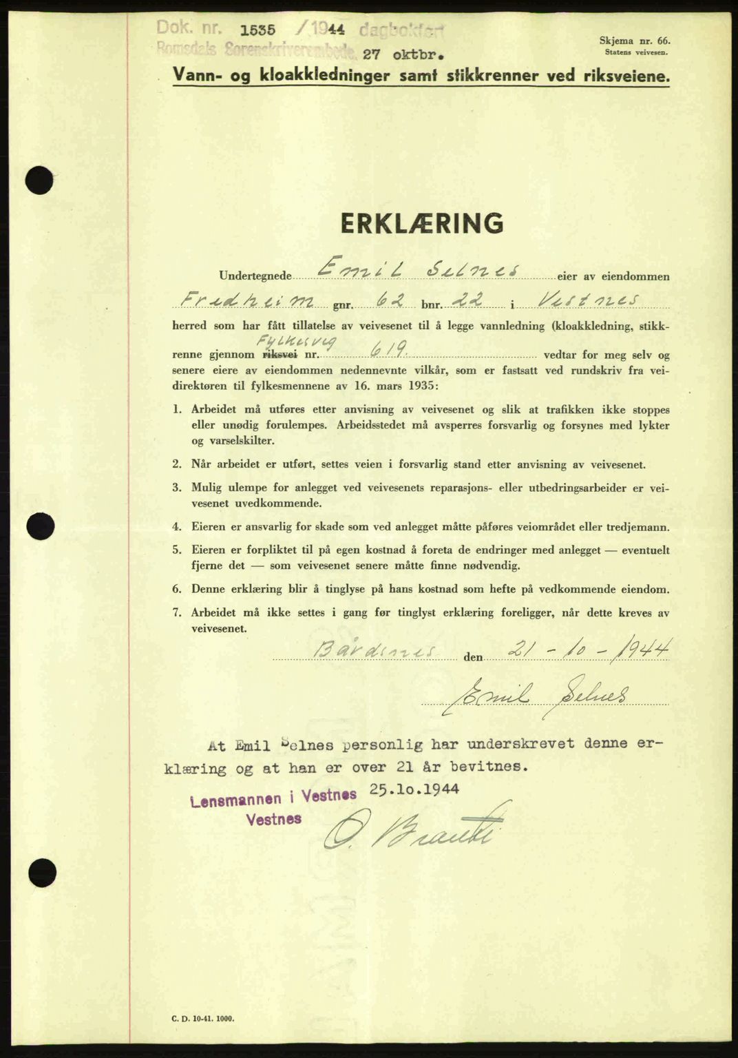 Romsdal sorenskriveri, SAT/A-4149/1/2/2C: Pantebok nr. A17, 1944-1945, Dagboknr: 1535/1944