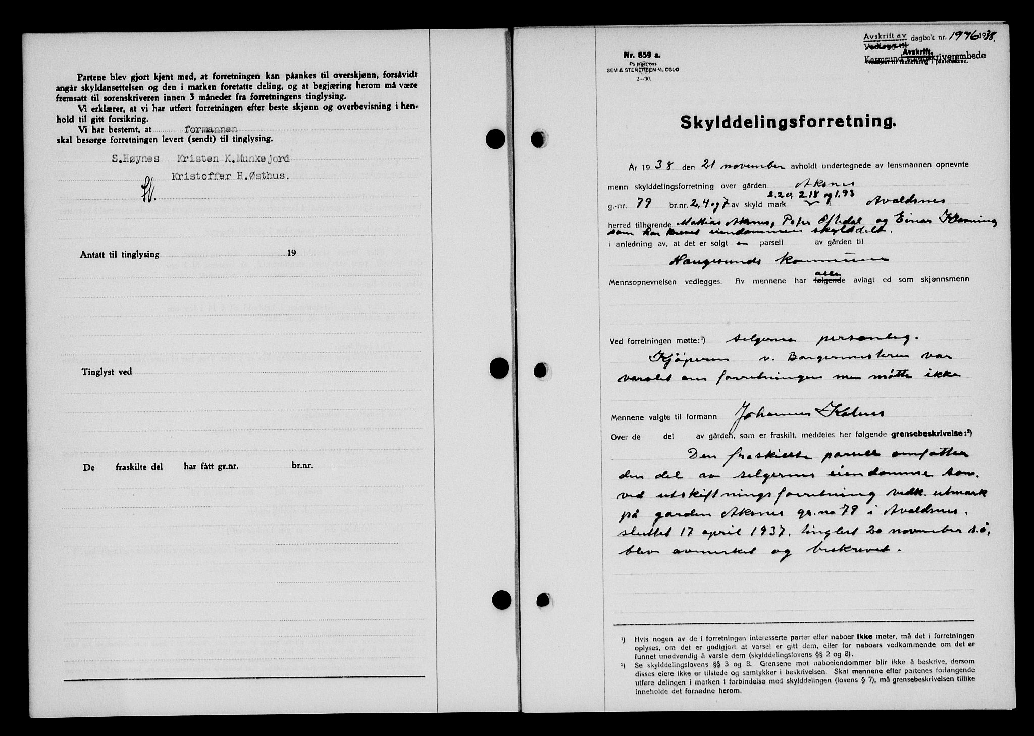 Karmsund sorenskriveri, SAST/A-100311/01/II/IIB/L0070: Pantebok nr. 51A, 1938-1939, Dagboknr: 1976/1938