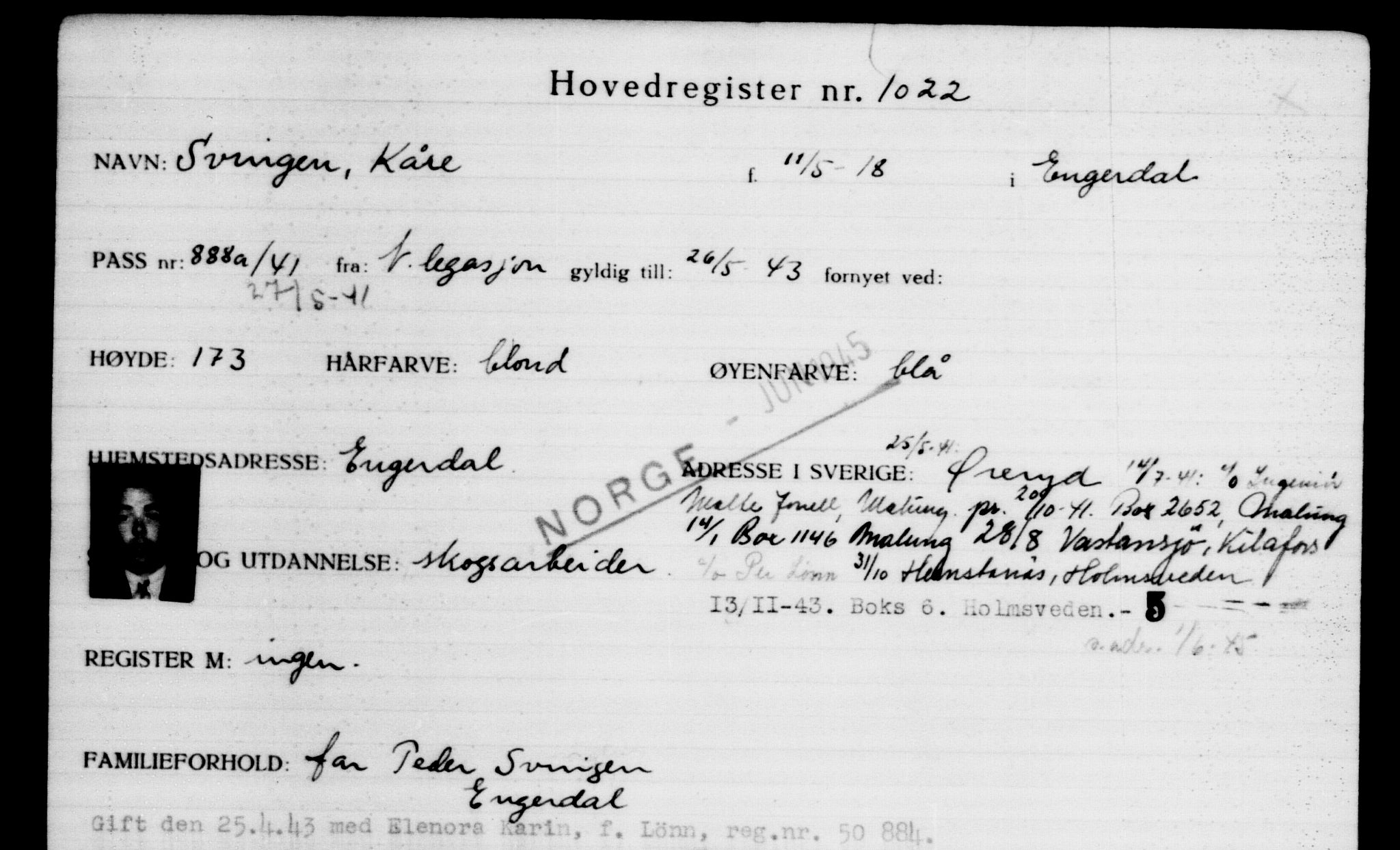 Utenriksstasjonene, Legasjonen i Stockholm, Flyktningkontoret, AV/RA-S-6753/V/Va/L0002: Kjesäterkartoteket, flyktninger med registreringsnr. 1001-2000, 1940-1945, s. 36