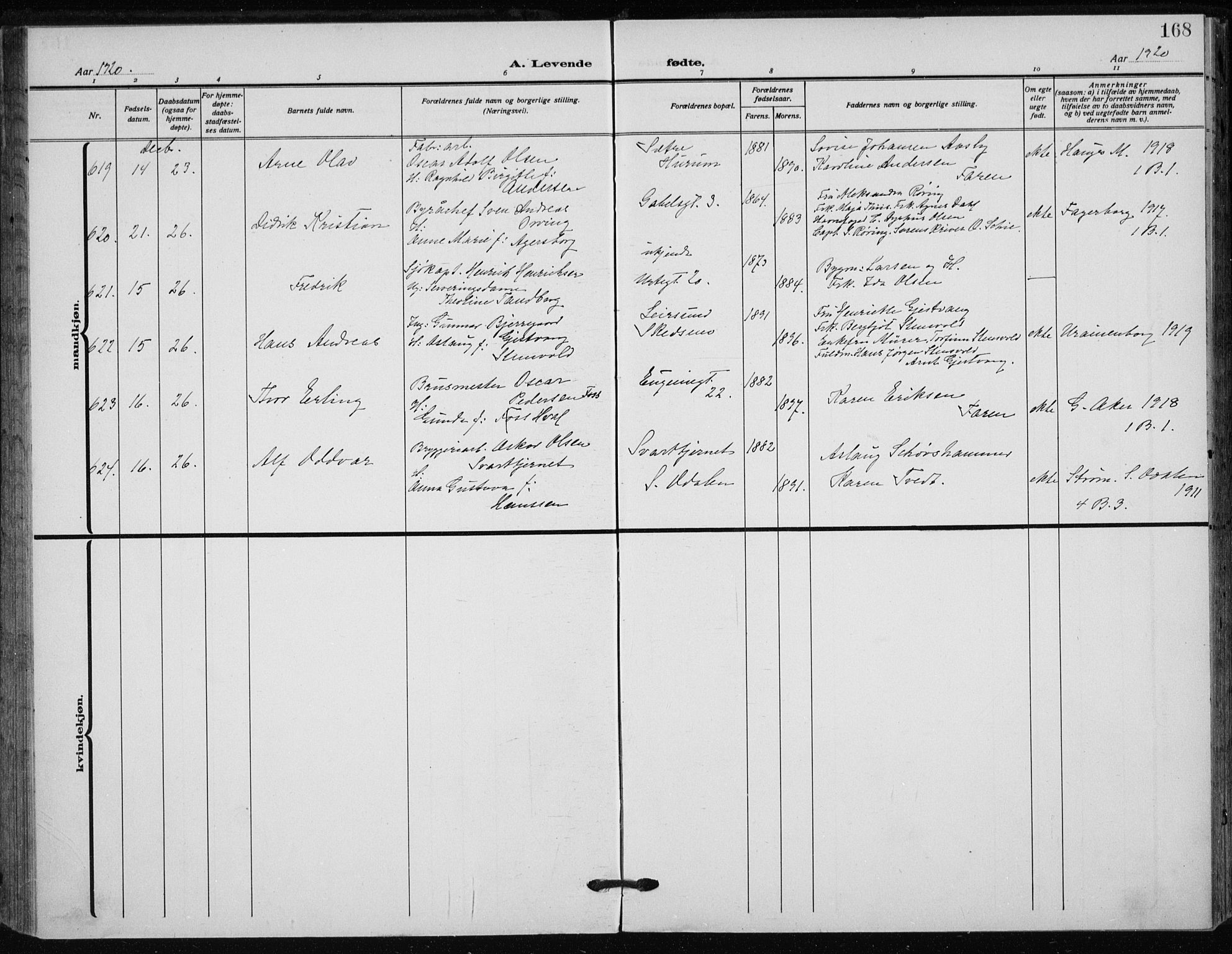 Rikshospitalet prestekontor Kirkebøker, AV/SAO-A-10309b/F/L0017: Ministerialbok nr. 17, 1919-1922, s. 168
