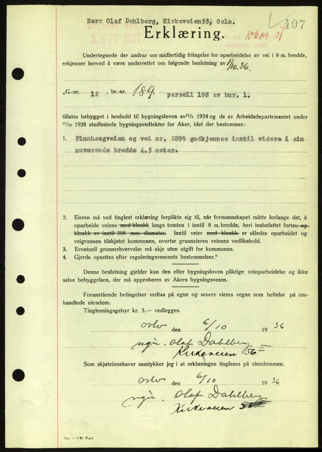 Aker herredsskriveri, SAO/A-10896/G/Gb/Gba/Gbab/L0017: Pantebok nr. A148, 1937-1937, Dagboknr: 10609/1937