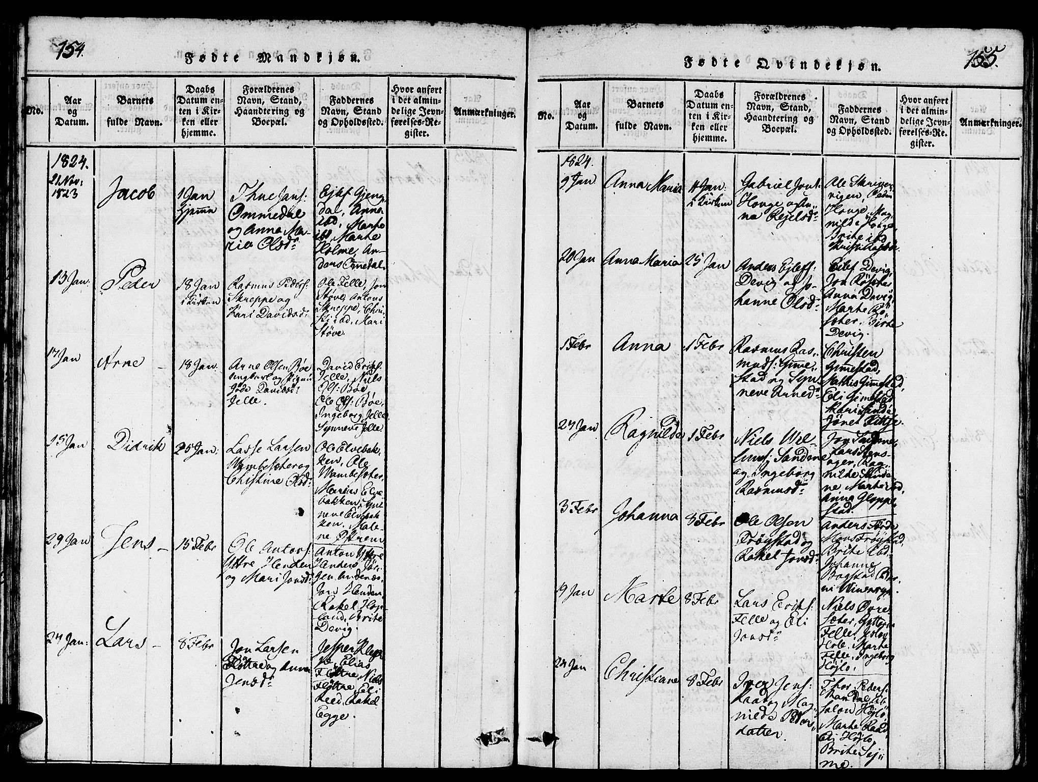 Gloppen sokneprestembete, AV/SAB-A-80101/H/Hab/Haba/L0001: Klokkerbok nr. A 1, 1816-1827, s. 154-155