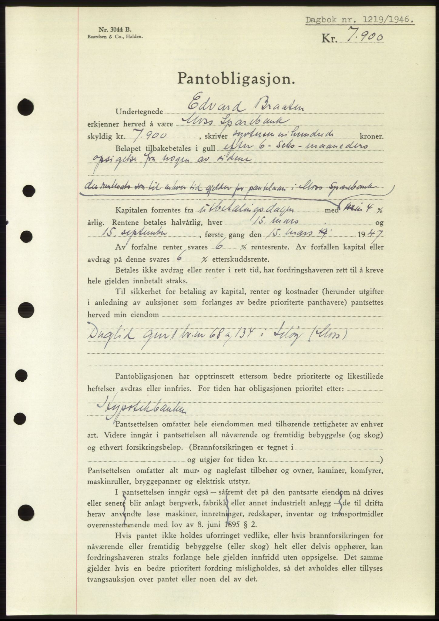 Moss sorenskriveri, SAO/A-10168: Pantebok nr. B15, 1946-1946, Dagboknr: 1219/1946