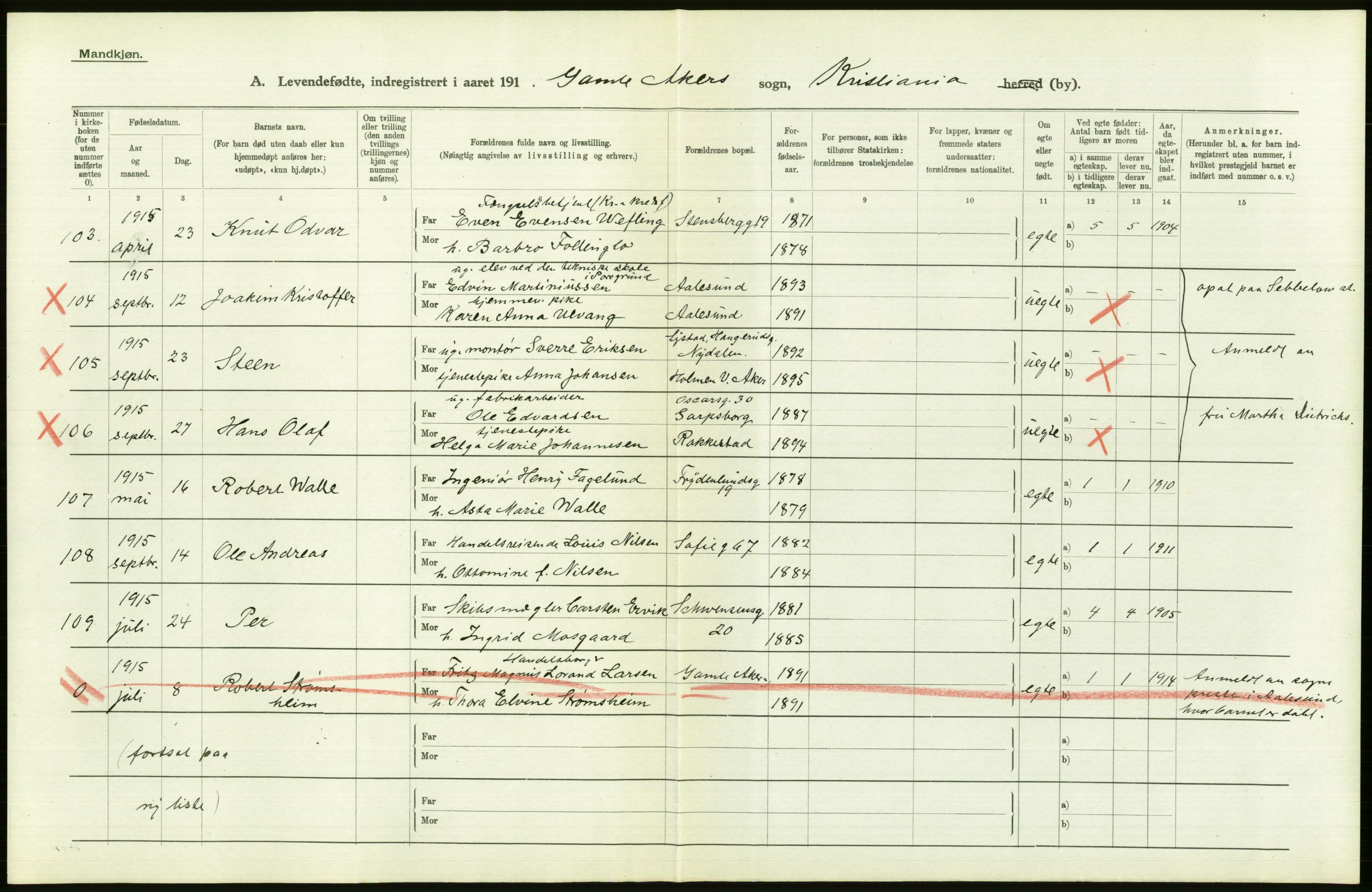 Statistisk sentralbyrå, Sosiodemografiske emner, Befolkning, AV/RA-S-2228/D/Df/Dfb/Dfbe/L0007: Kristiania: Levendefødte menn og kvinner., 1915, s. 318