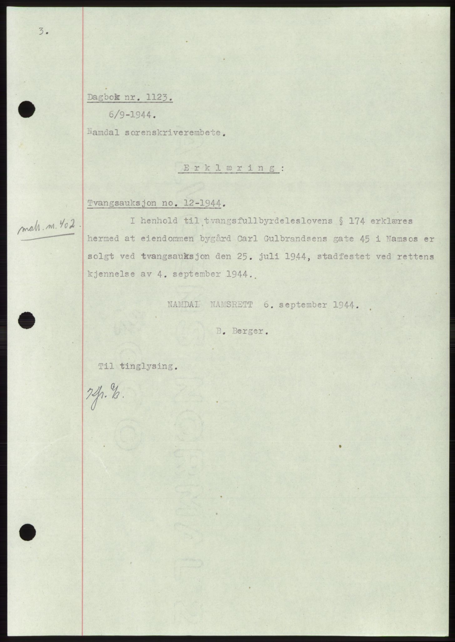 Namdal sorenskriveri, SAT/A-4133/1/2/2C: Pantebok nr. -, 1944-1945, Dagboknr: 1123/1944