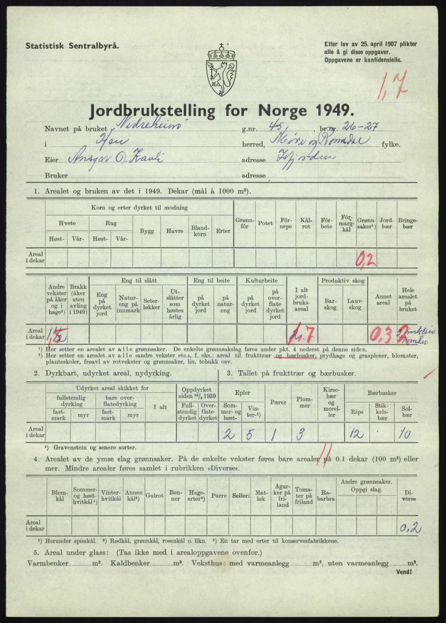Statistisk sentralbyrå, Næringsøkonomiske emner, Jordbruk, skogbruk, jakt, fiske og fangst, AV/RA-S-2234/G/Gc/L0323: Møre og Romsdal: Grytten og Hen, 1949, s. 481