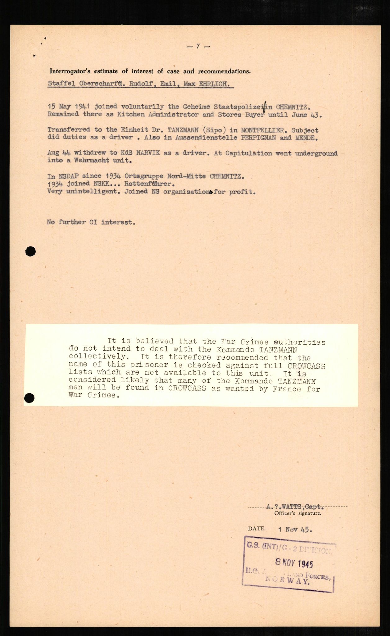 Forsvaret, Forsvarets overkommando II, RA/RAFA-3915/D/Db/L0007: CI Questionaires. Tyske okkupasjonsstyrker i Norge. Tyskere., 1945-1946, s. 87