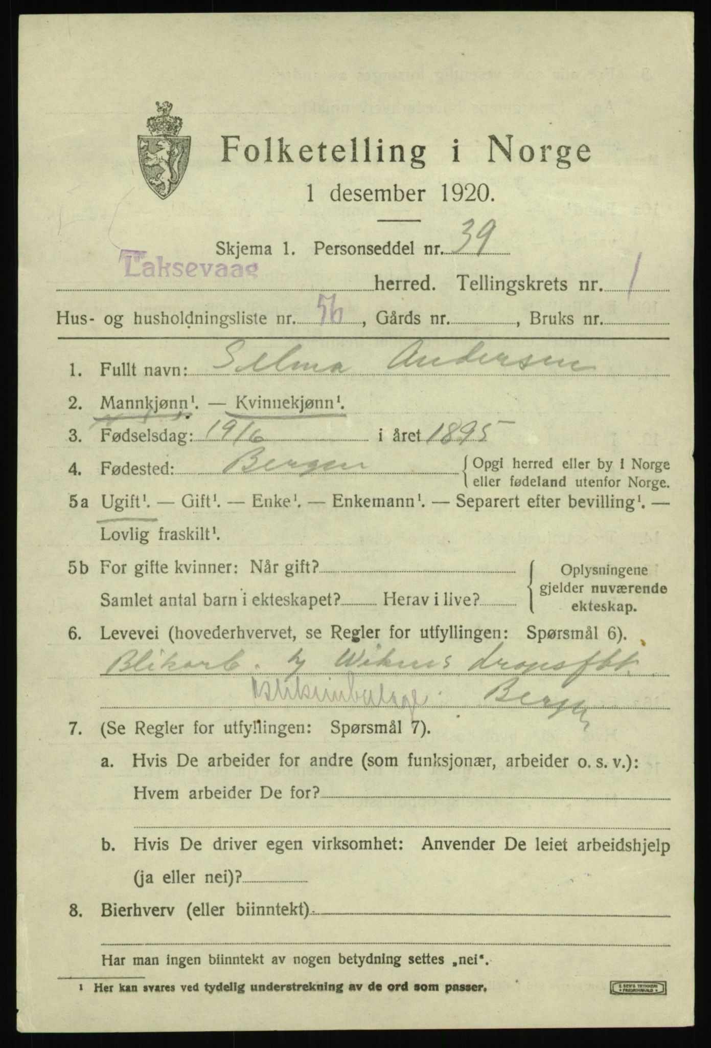 SAB, Folketelling 1920 for 1248 Laksevåg herred, 1920, s. 4018