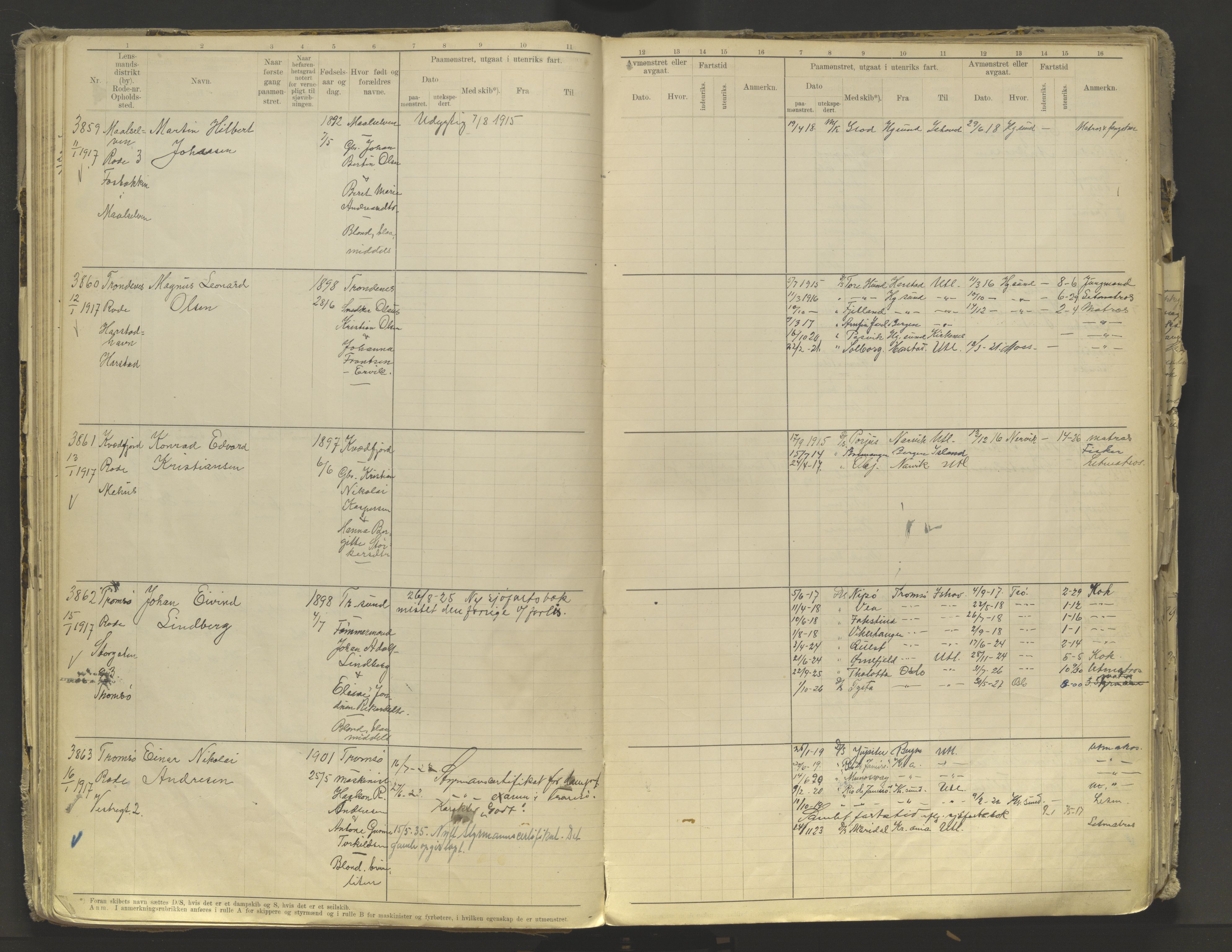 Tromsø sjømannskontor/innrullerings-/mønstringsdistrikt, AV/SATØ-S-0243/F/Fb/L0010: Annotasjonsrulle. Defekt: løs innbinding. Nr. 3519-4972, 1916-1920