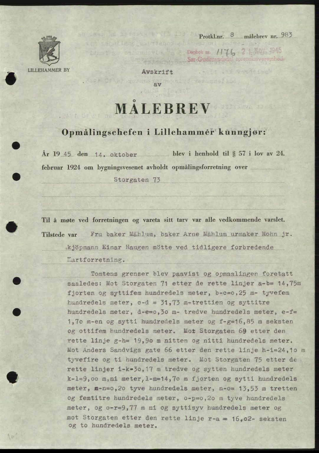 Sør-Gudbrandsdal tingrett, SAH/TING-004/H/Hb/Hbd/L0015: Pantebok nr. A15, 1945-1946, Dagboknr: 1176/1945