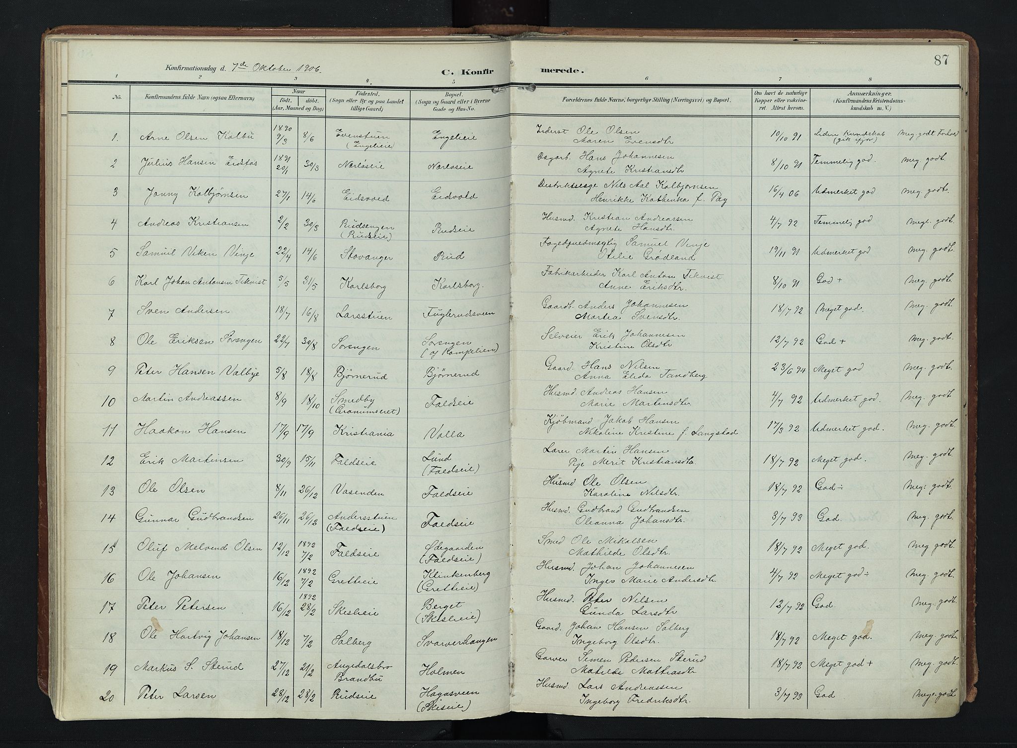 Søndre Land prestekontor, AV/SAH-PREST-122/K/L0007: Ministerialbok nr. 7, 1905-1914, s. 87