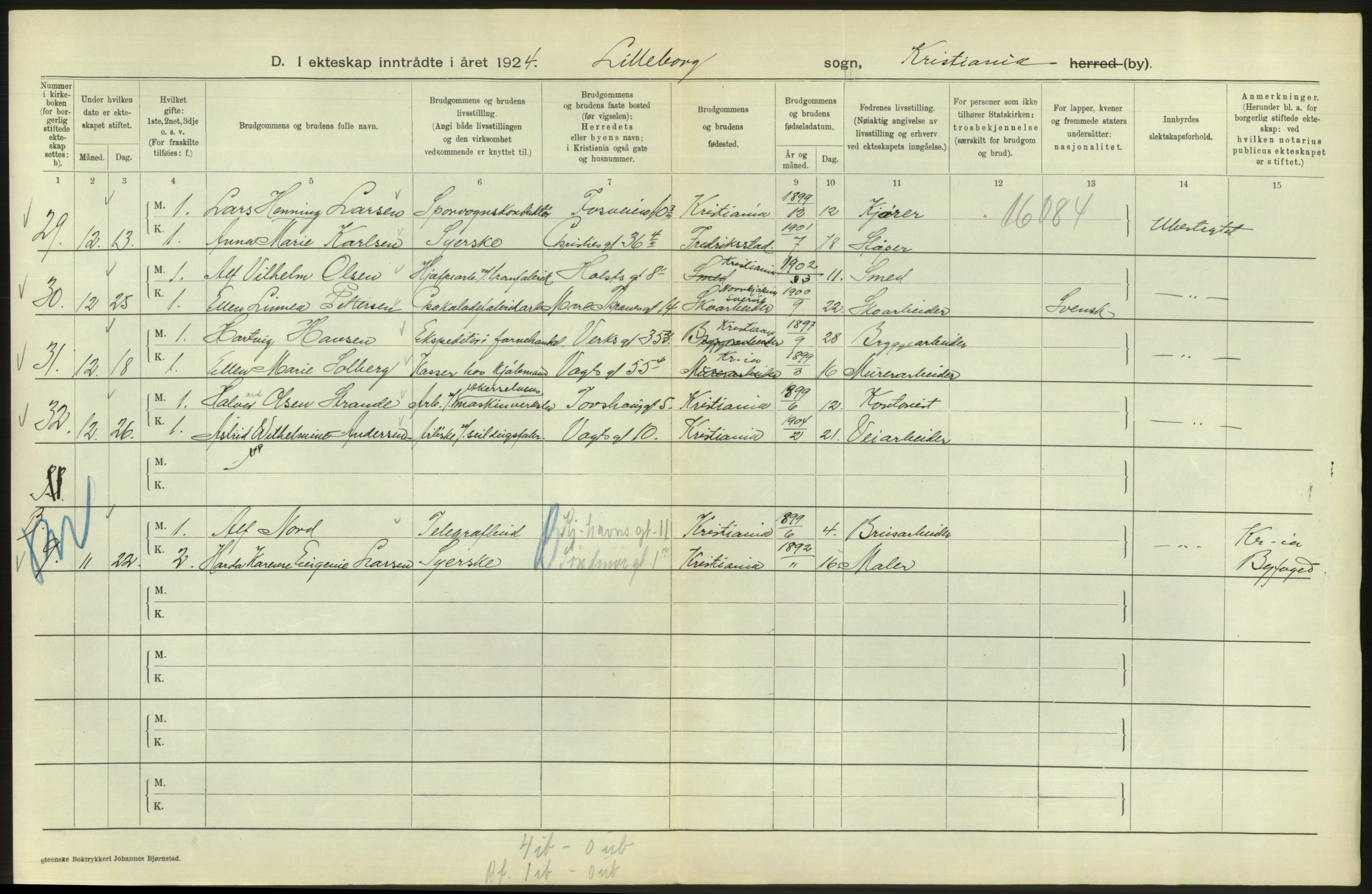 Statistisk sentralbyrå, Sosiodemografiske emner, Befolkning, RA/S-2228/D/Df/Dfc/Dfcd/L0007: Kristiania: Gifte, 1924, s. 818