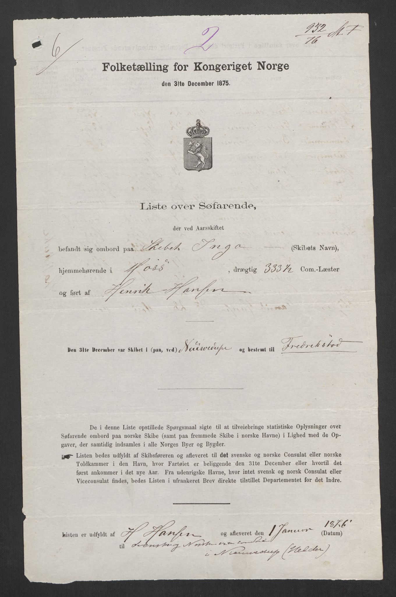 RA, Folketelling 1875, skipslister: Skip i utenrikske havner, hjemmehørende i byer og ladesteder, Fredrikshald - Arendal, 1875, s. 67