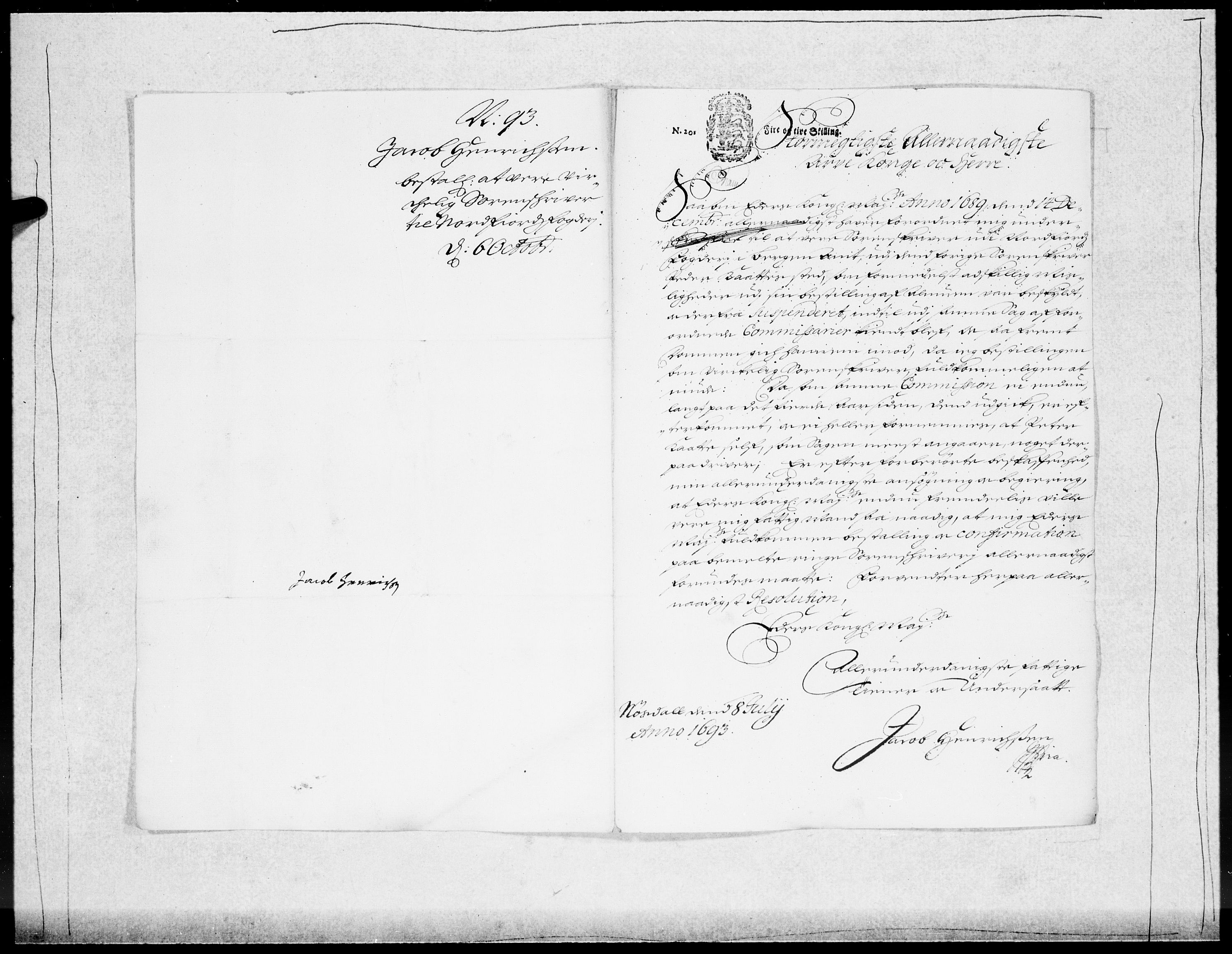 Danske Kanselli 1572-1799, AV/RA-EA-3023/F/Fc/Fcc/Fcca/L0046: Norske innlegg 1572-1799, 1693-1695, s. 42