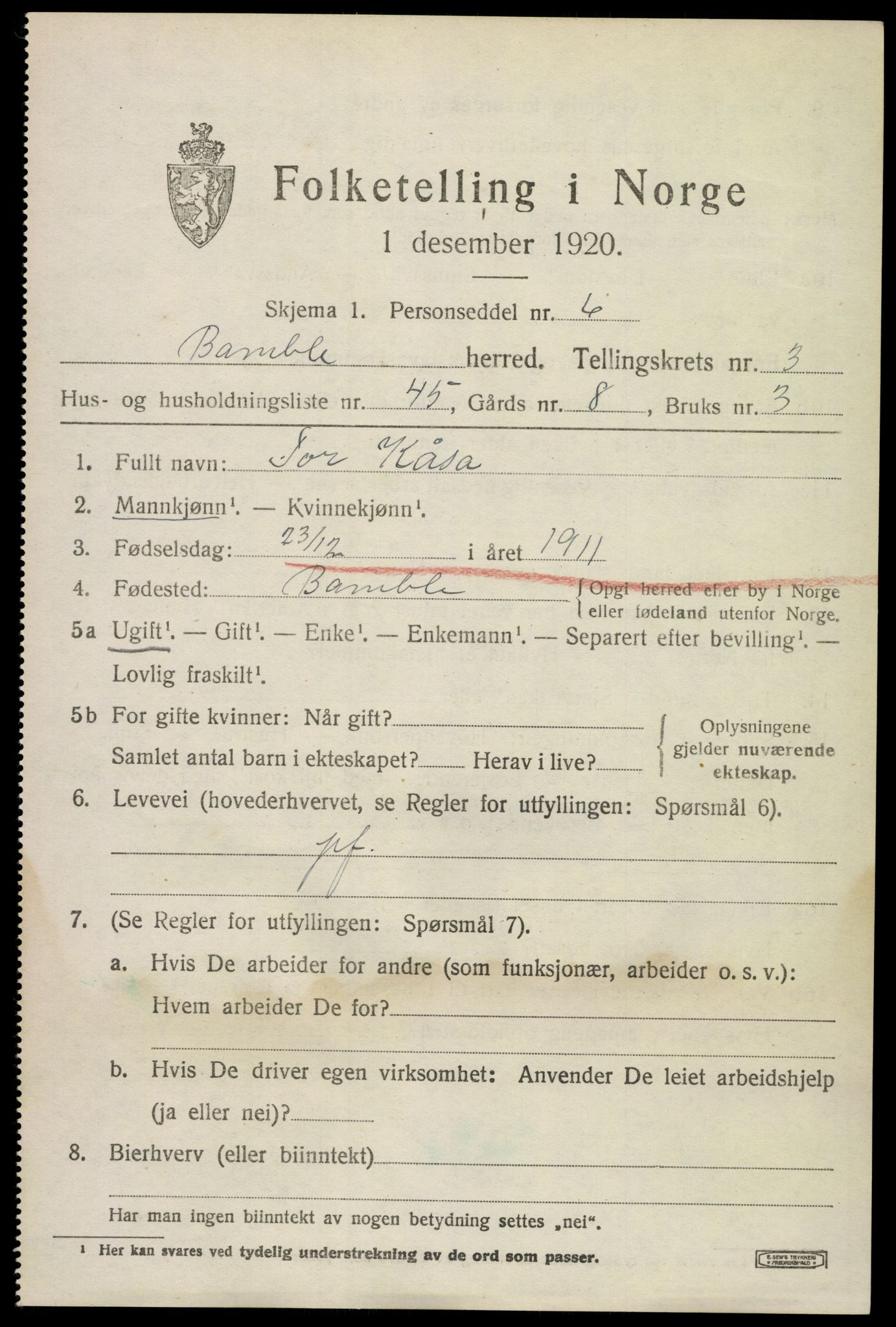 SAKO, Folketelling 1920 for 0814 Bamble herred, 1920, s. 4293
