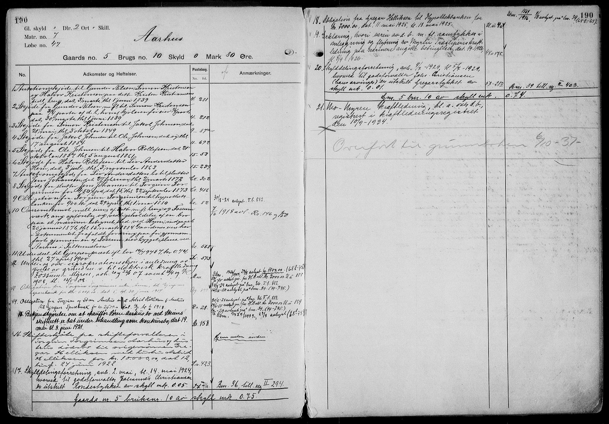 Gjerpen sorenskriveri, AV/SAKO-A-216/G/Gb/Gbd/L0001: Panteregister nr. IV 1, s. 190