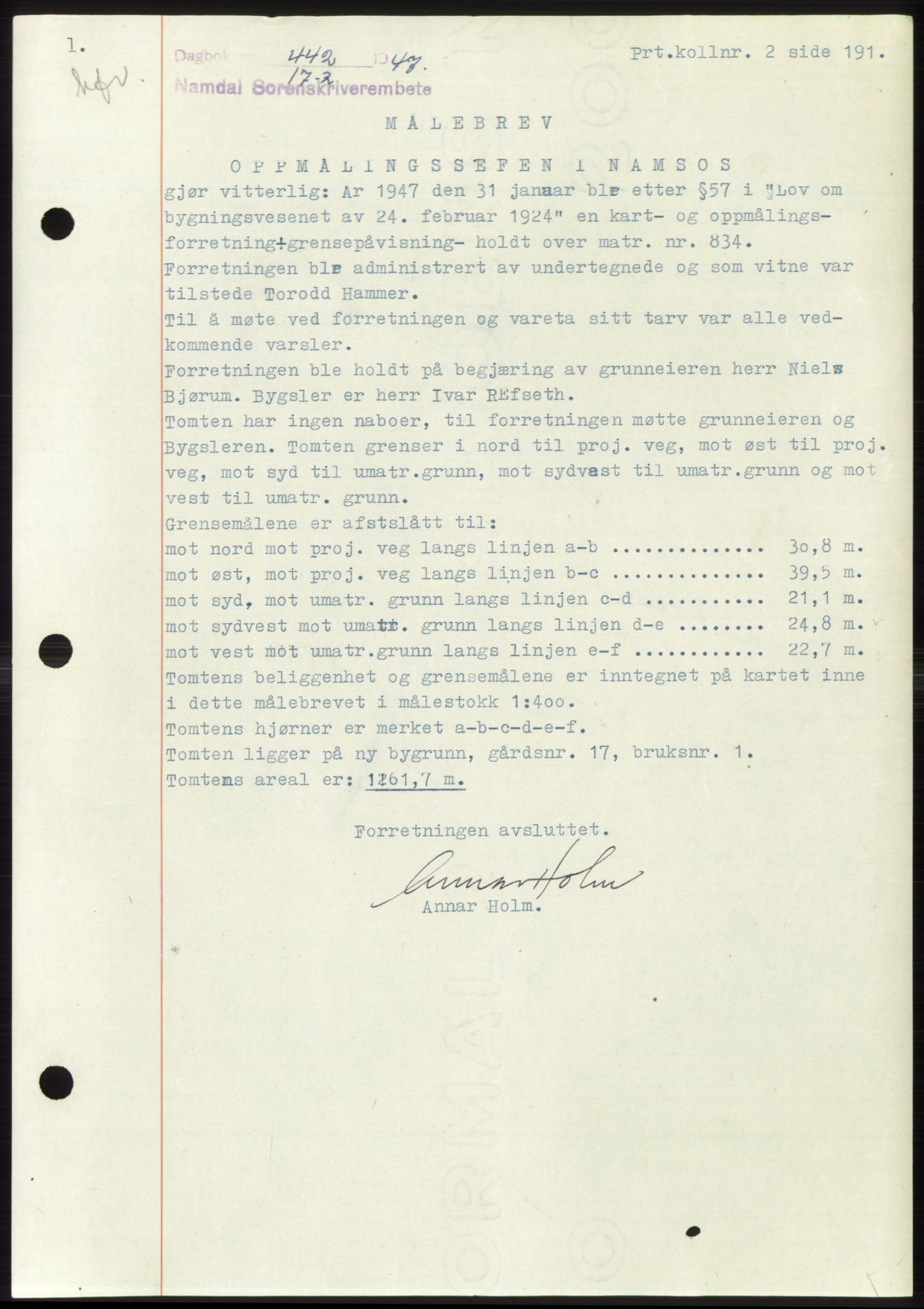 Namdal sorenskriveri, SAT/A-4133/1/2/2C: Pantebok nr. -, 1946-1947, Dagboknr: 442/1947