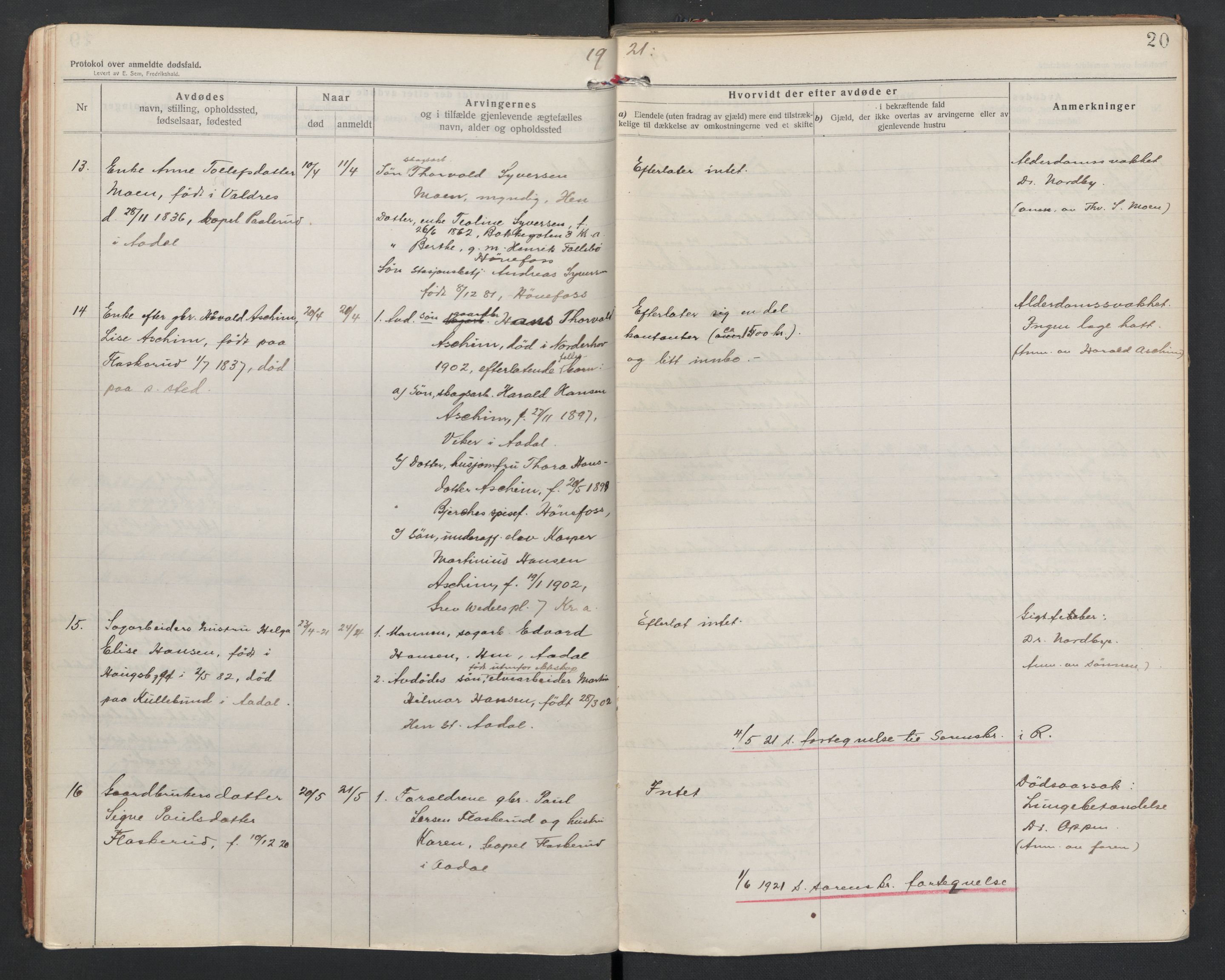 Ådal lensmannskontor, SAKO/A-518/H/Ha/L0001/0002: Dødsfallsprotokoll  / Dødsfallsprotokoll 2, 1919-1942, s. 20
