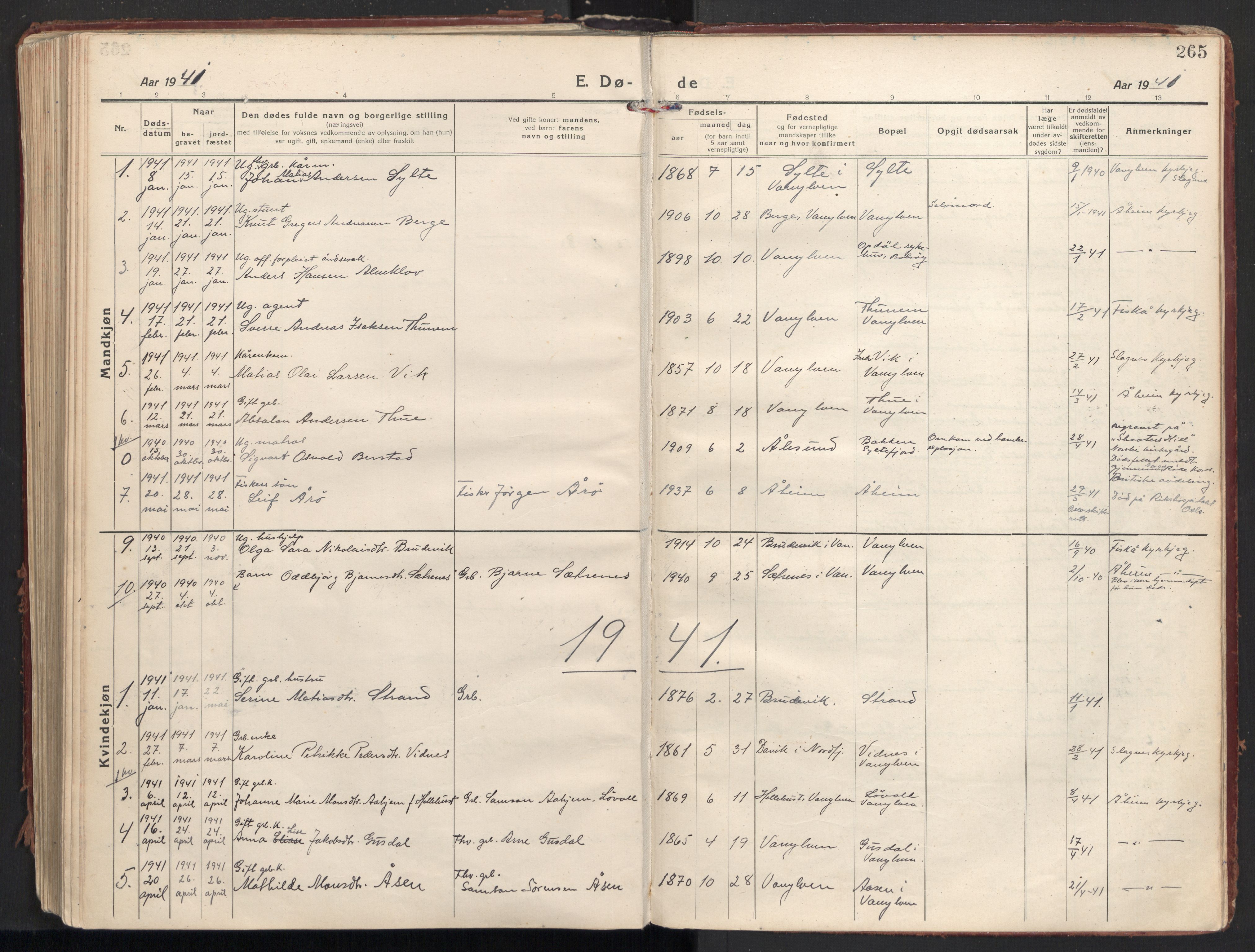 Ministerialprotokoller, klokkerbøker og fødselsregistre - Møre og Romsdal, AV/SAT-A-1454/501/L0012: Ministerialbok nr. 501A12, 1920-1946, s. 265