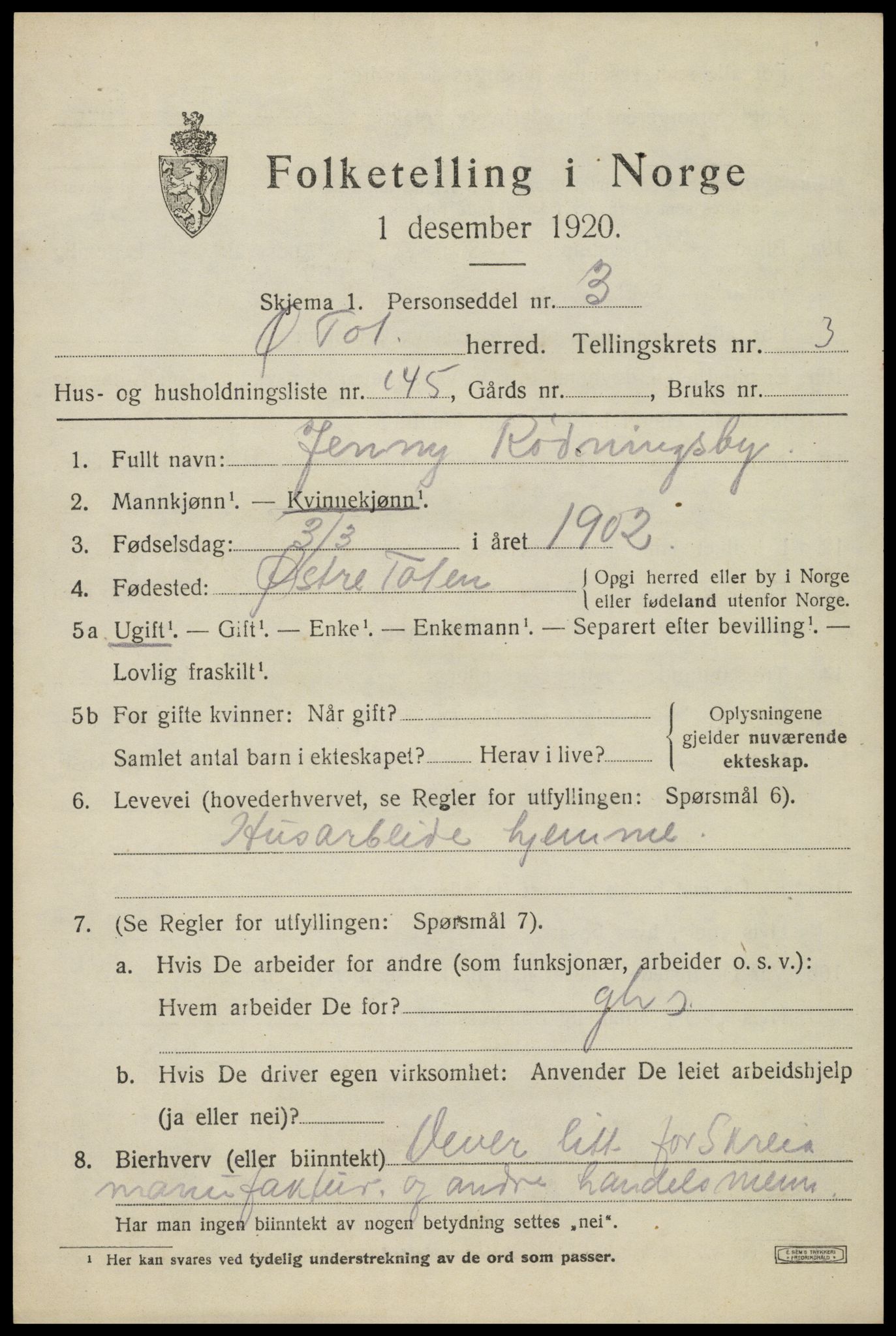 SAH, Folketelling 1920 for 0528 Østre Toten herred, 1920, s. 7624