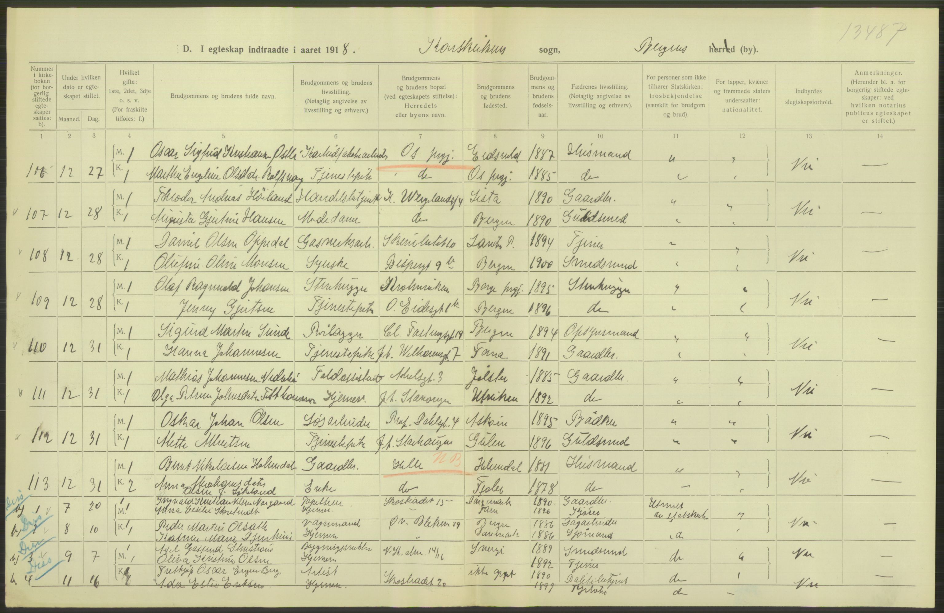 Statistisk sentralbyrå, Sosiodemografiske emner, Befolkning, RA/S-2228/D/Df/Dfb/Dfbh/L0038: Bergen: Gifte, dødfødte., 1918, s. 270