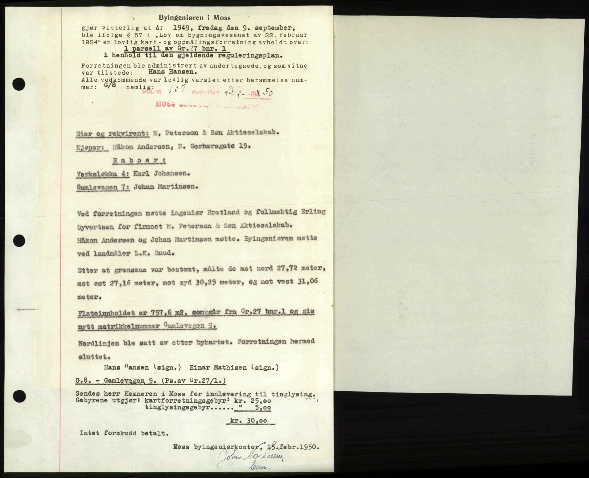 Moss sorenskriveri, SAO/A-10168: Pantebok nr. A25, 1950-1950, Dagboknr: 607/1950