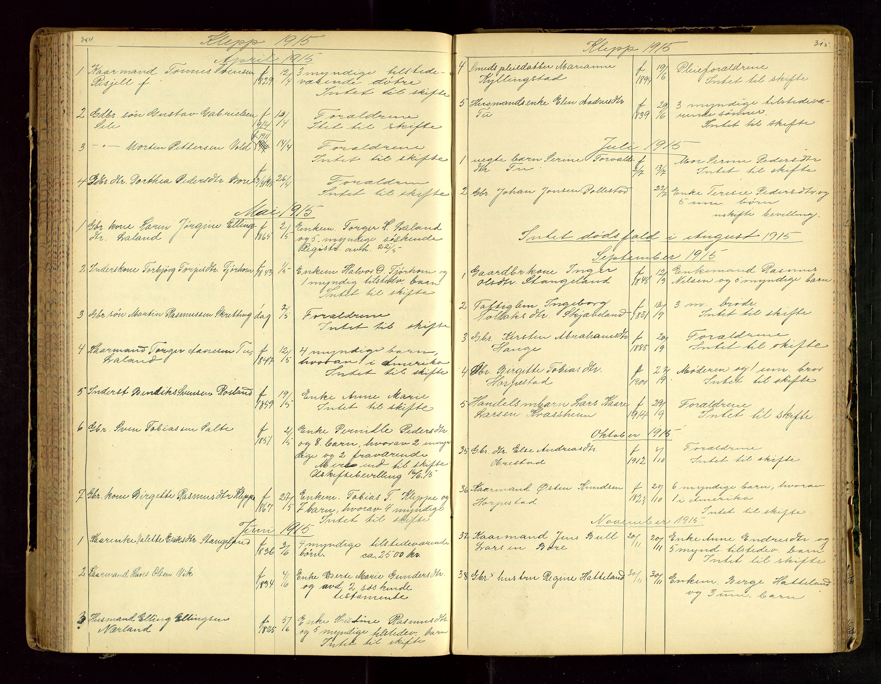 Jæren sorenskriveri, AV/SAST-A-100310/01/5/52/52B/L0003: DØDSFALLPROTOKOLL, 1910-1916, s. 314-315