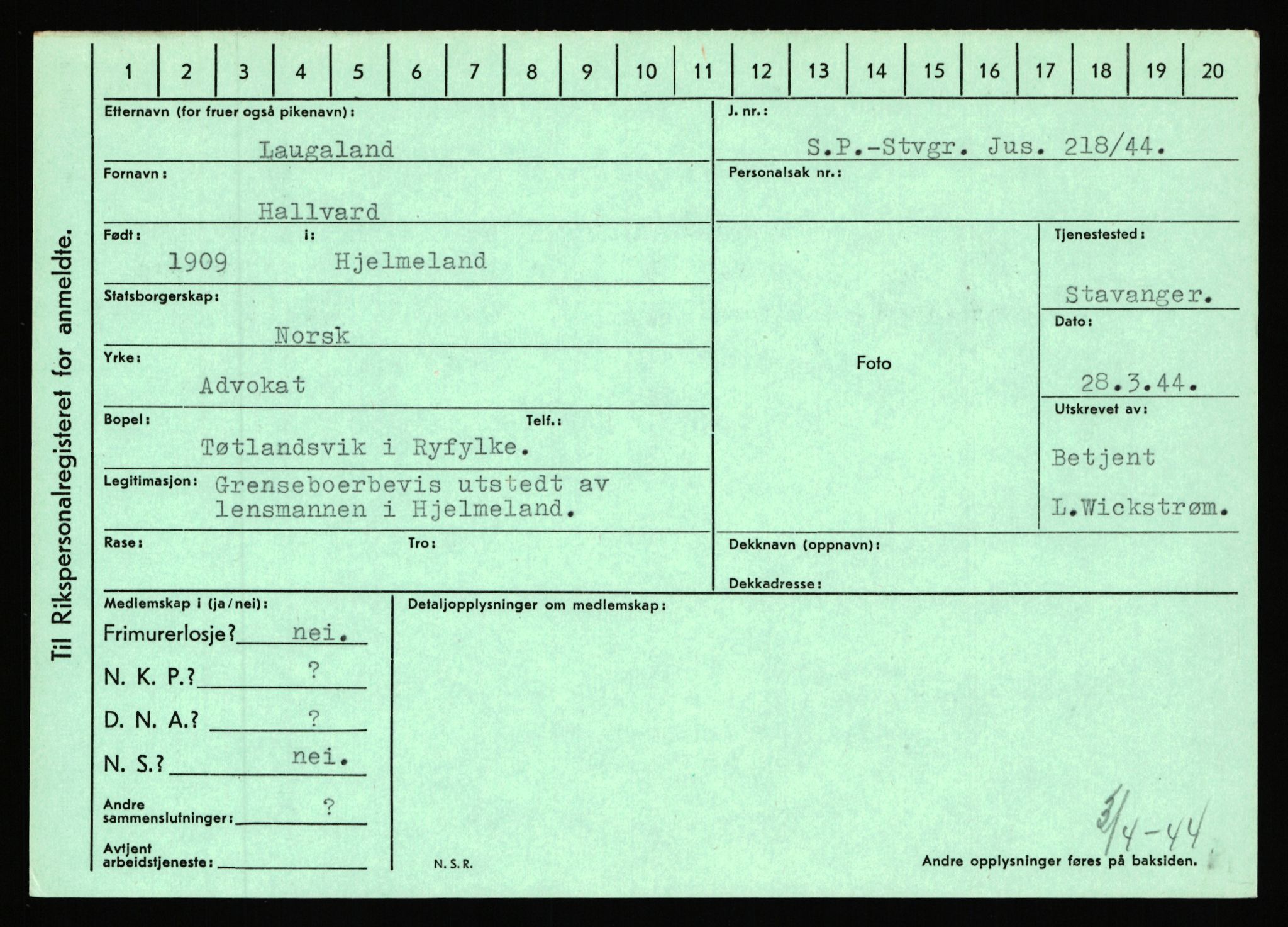 Statspolitiet - Hovedkontoret / Osloavdelingen, AV/RA-S-1329/C/Ca/L0009: Knutsen - Limstrand, 1943-1945, s. 4014