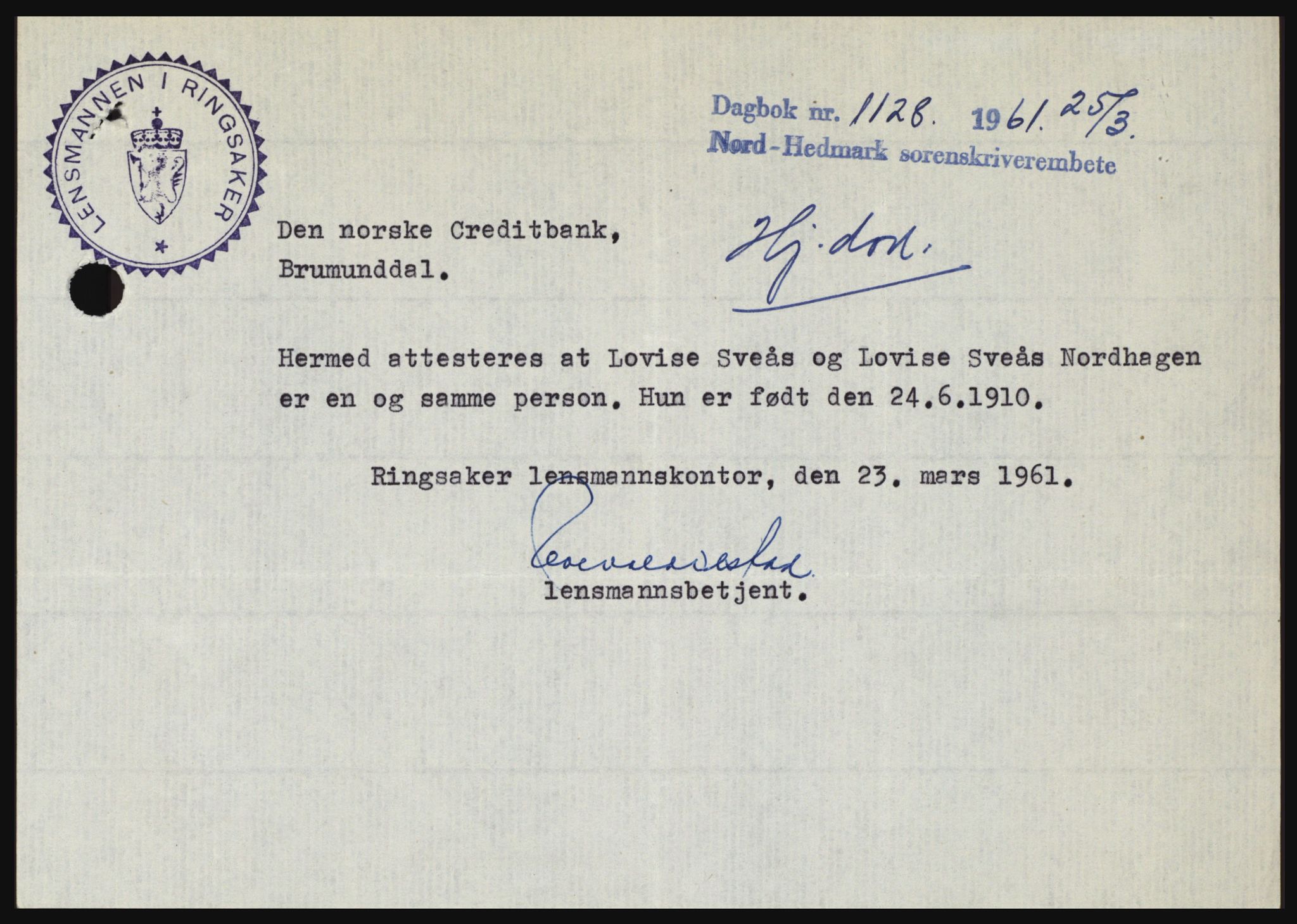 Nord-Hedmark sorenskriveri, SAH/TING-012/H/Hc/L0015: Pantebok nr. 15, 1961-1961, Dagboknr: 1128/1961