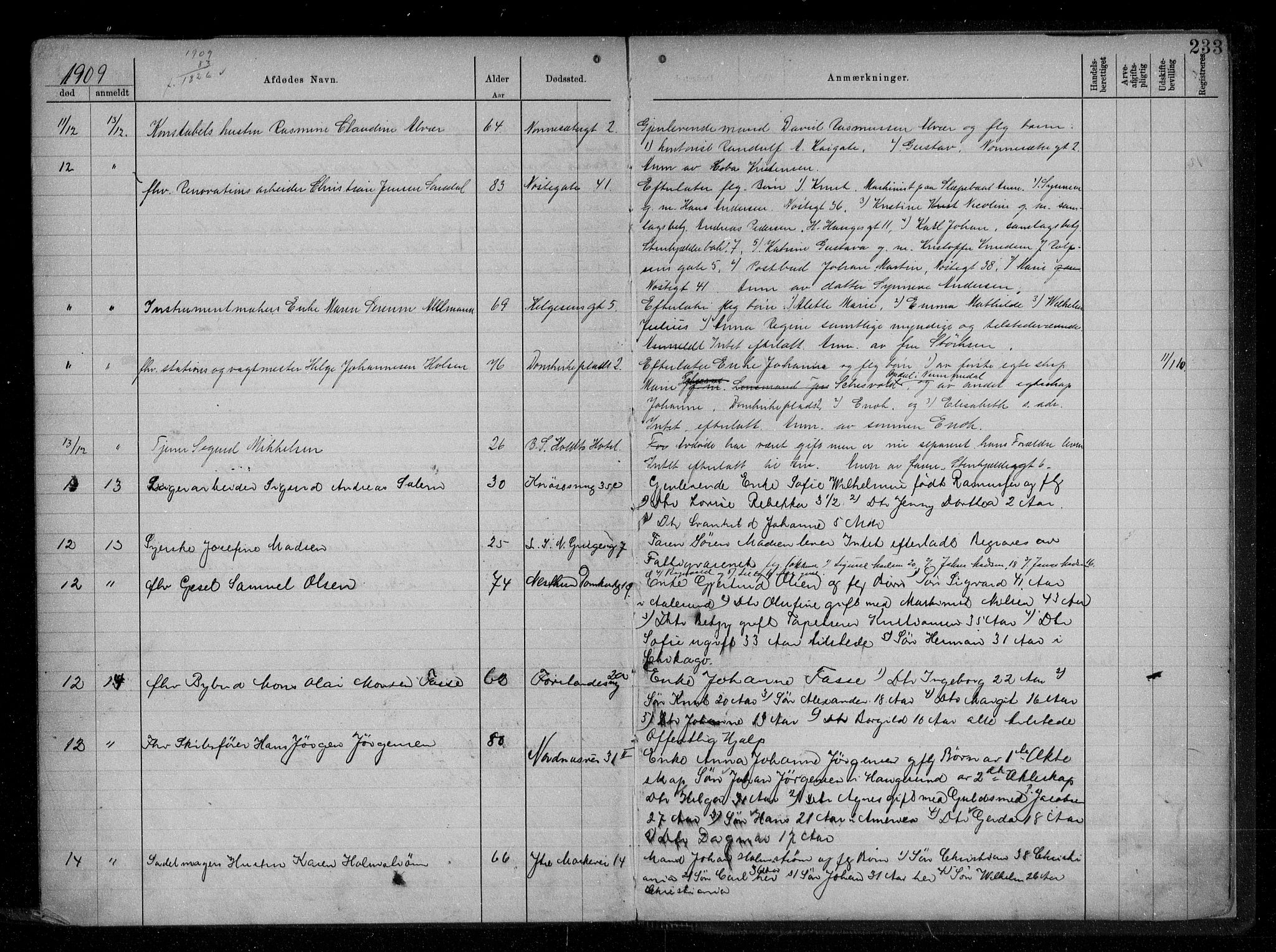 Byfogd og Byskriver i Bergen, AV/SAB-A-3401/06/06Na/L0008: Dødsfallsjournaler, 1904-1910, s. 232b-233a