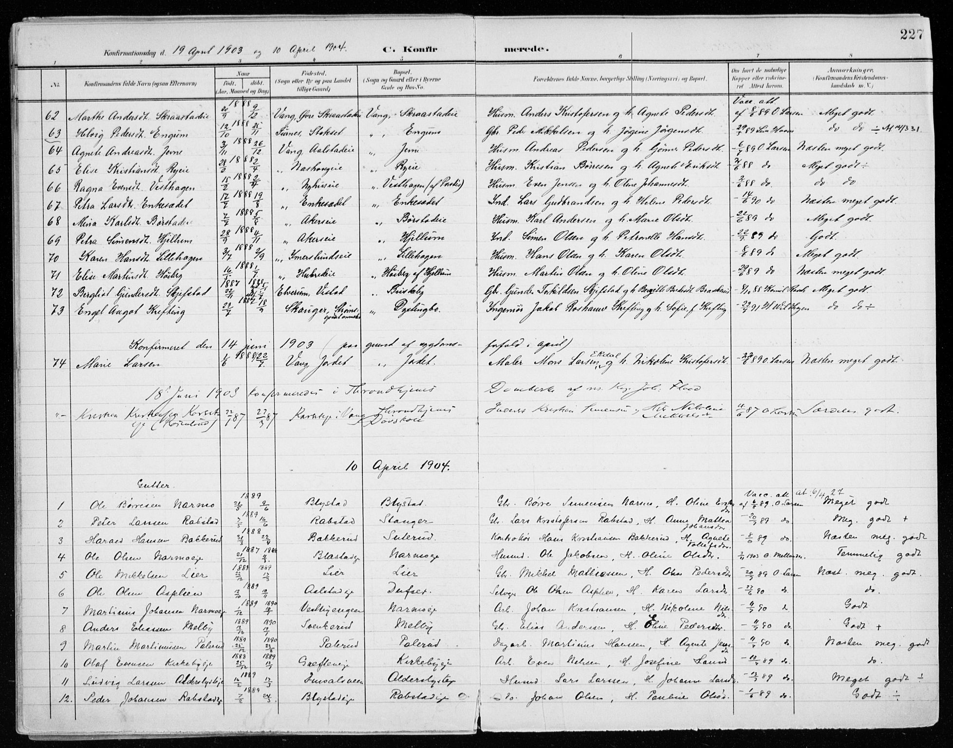 Vang prestekontor, Hedmark, AV/SAH-PREST-008/H/Ha/Haa/L0021: Ministerialbok nr. 21, 1902-1917, s. 227