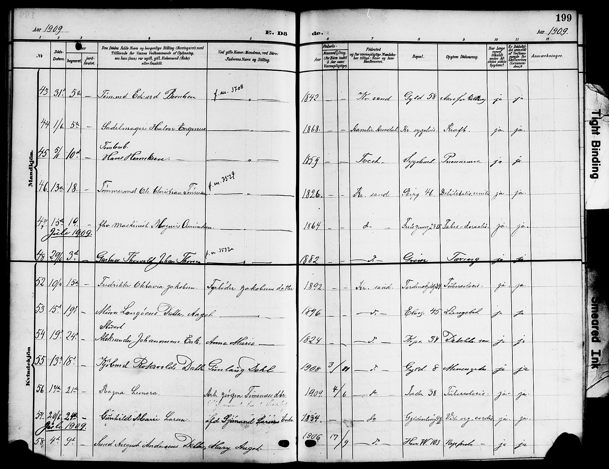 Kristiansand domprosti, AV/SAK-1112-0006/F/Fb/L0020: Klokkerbok nr. B 20, 1906-1915, s. 199