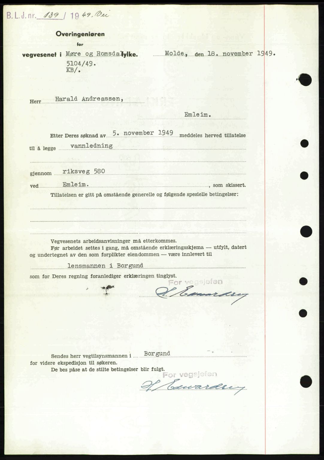 Nordre Sunnmøre sorenskriveri, AV/SAT-A-0006/1/2/2C/2Ca: Pantebok nr. A33, 1949-1950, Dagboknr: 2722/1949