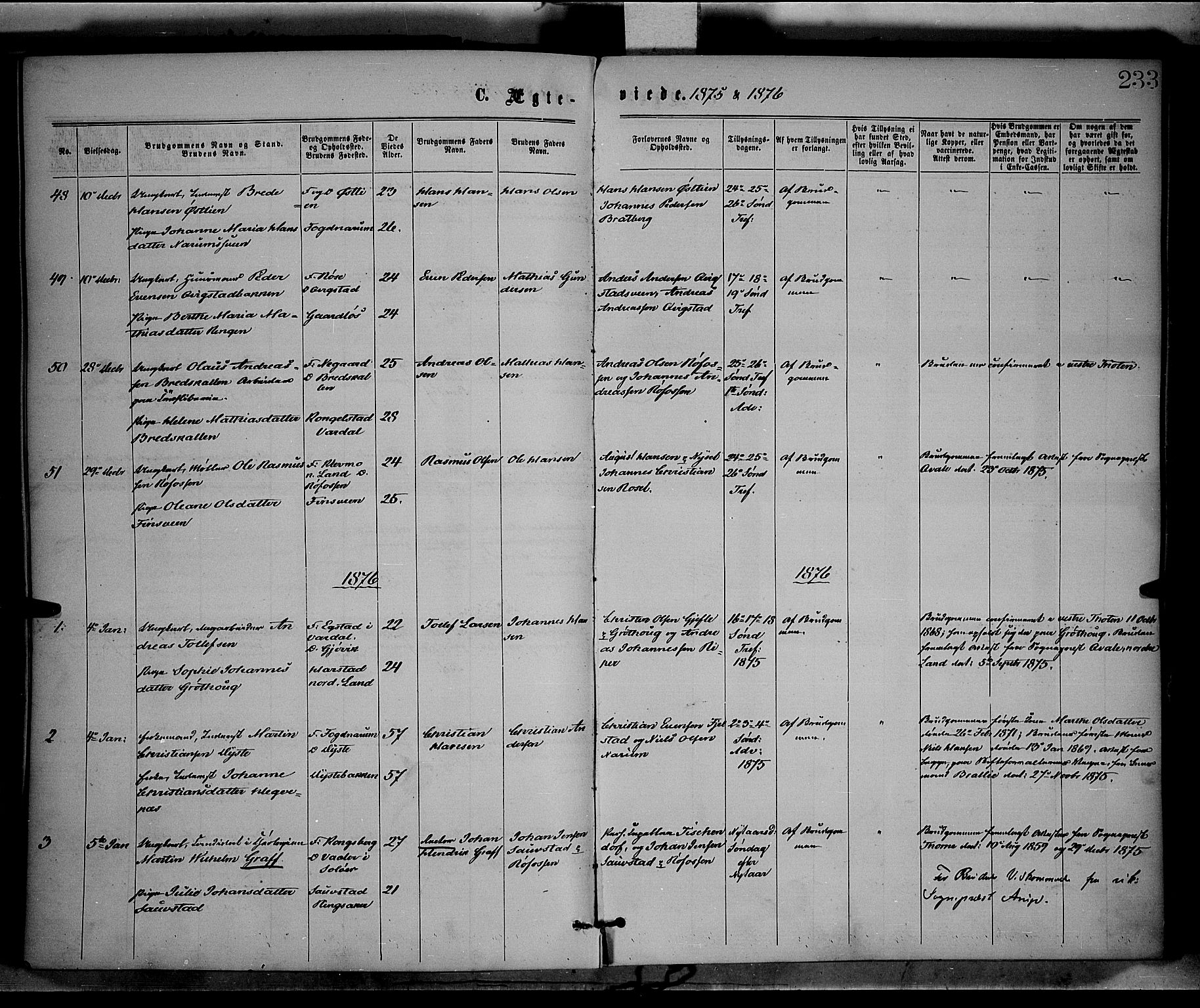 Vestre Toten prestekontor, AV/SAH-PREST-108/H/Ha/Haa/L0008: Ministerialbok nr. 8, 1870-1877, s. 233