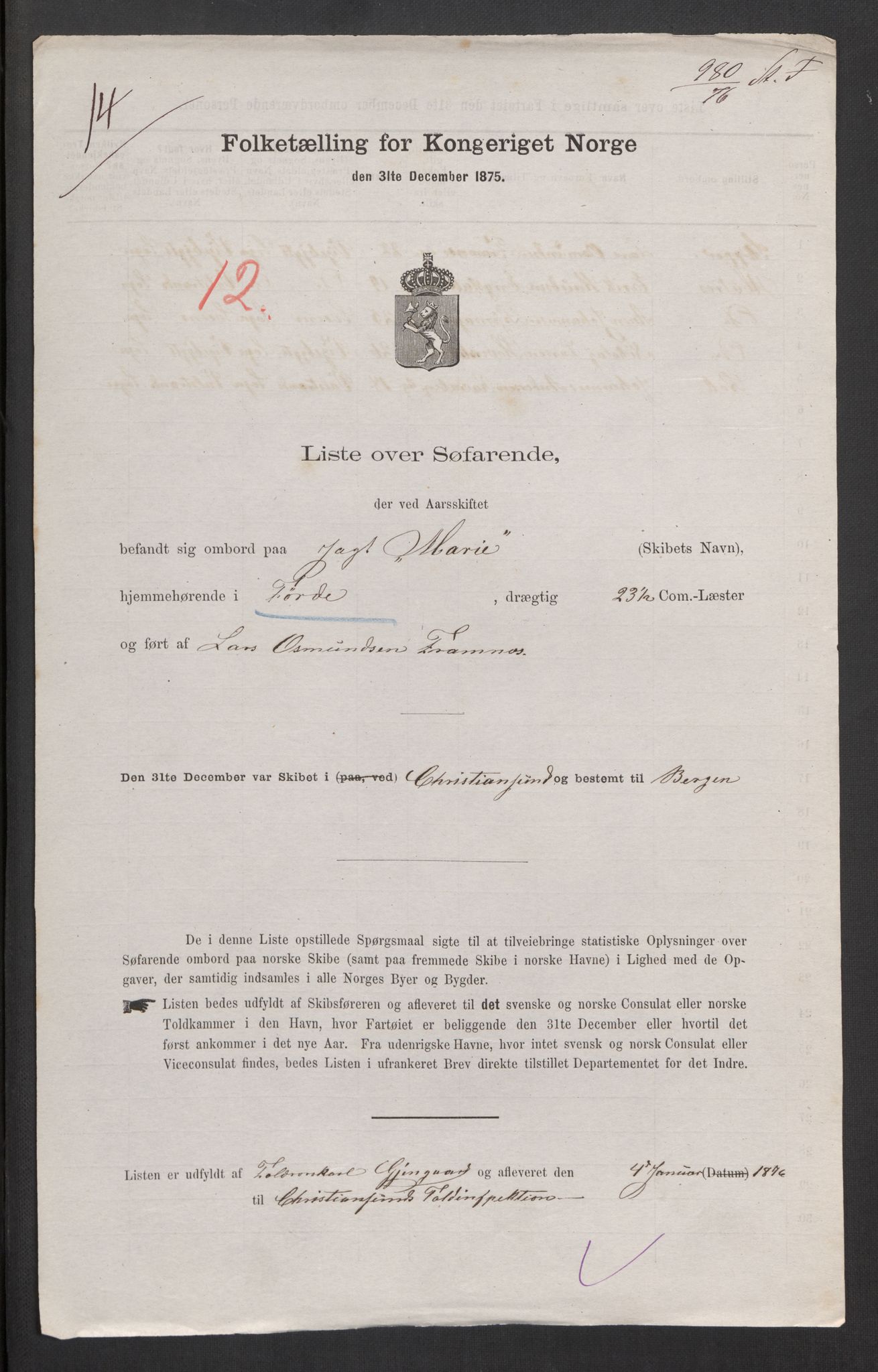 RA, Folketelling 1875, skipslister: Skip i innenrikske havner, hjemmehørende i 1) landdistrikter, 2) forskjellige steder, 3) utlandet, 1875, s. 296