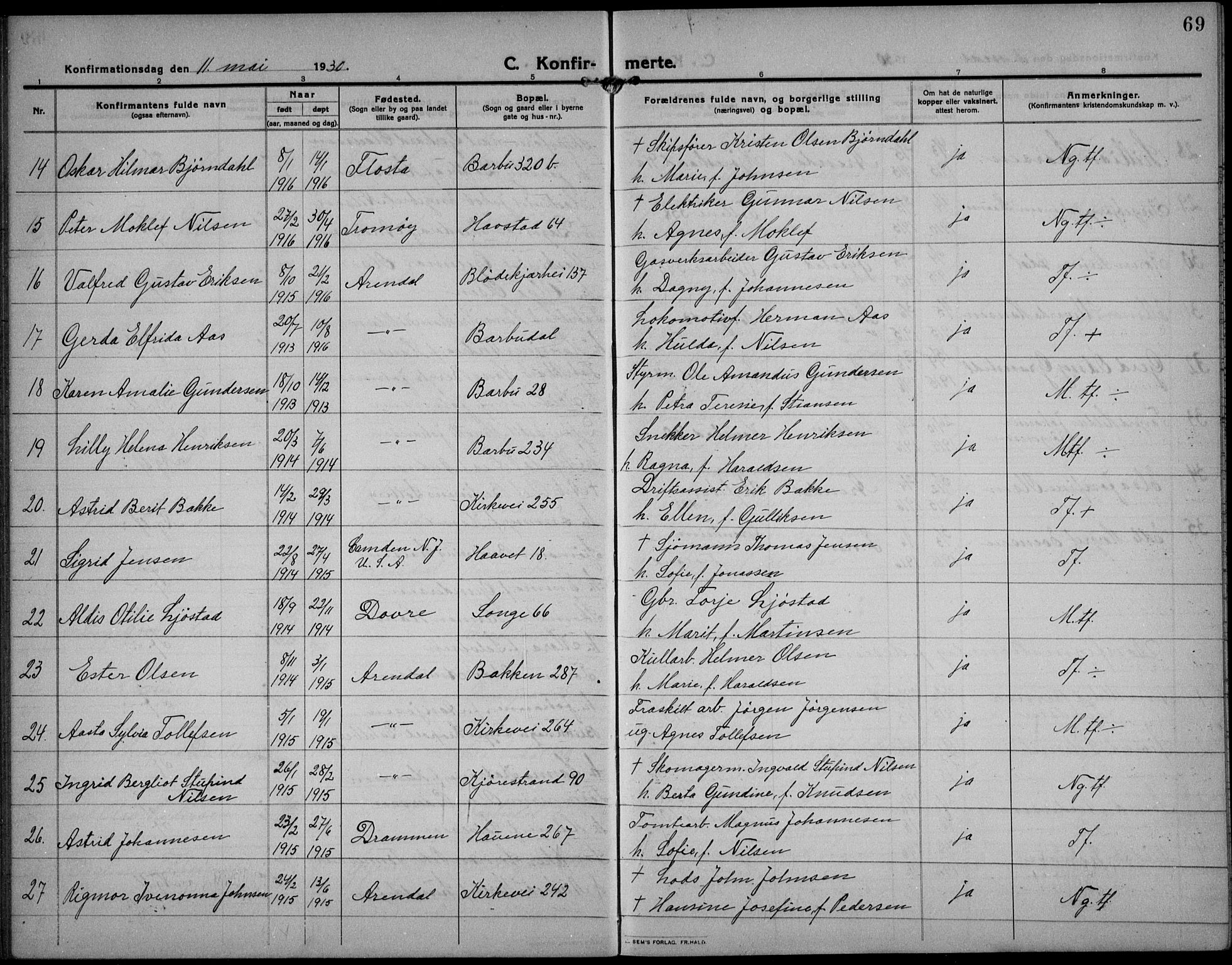 Barbu sokneprestkontor, AV/SAK-1111-0003/F/Fb/L0004: Klokkerbok nr. B 4, 1911-1936, s. 69