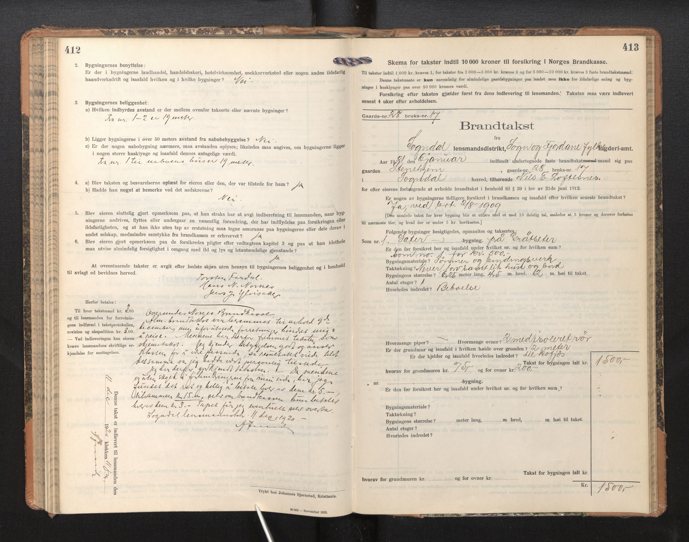Lensmannen i Sogndal, SAB/A-29901/0012/L0011: Branntakstprotokoll, skjematakst, 1914-1922, s. 412-413