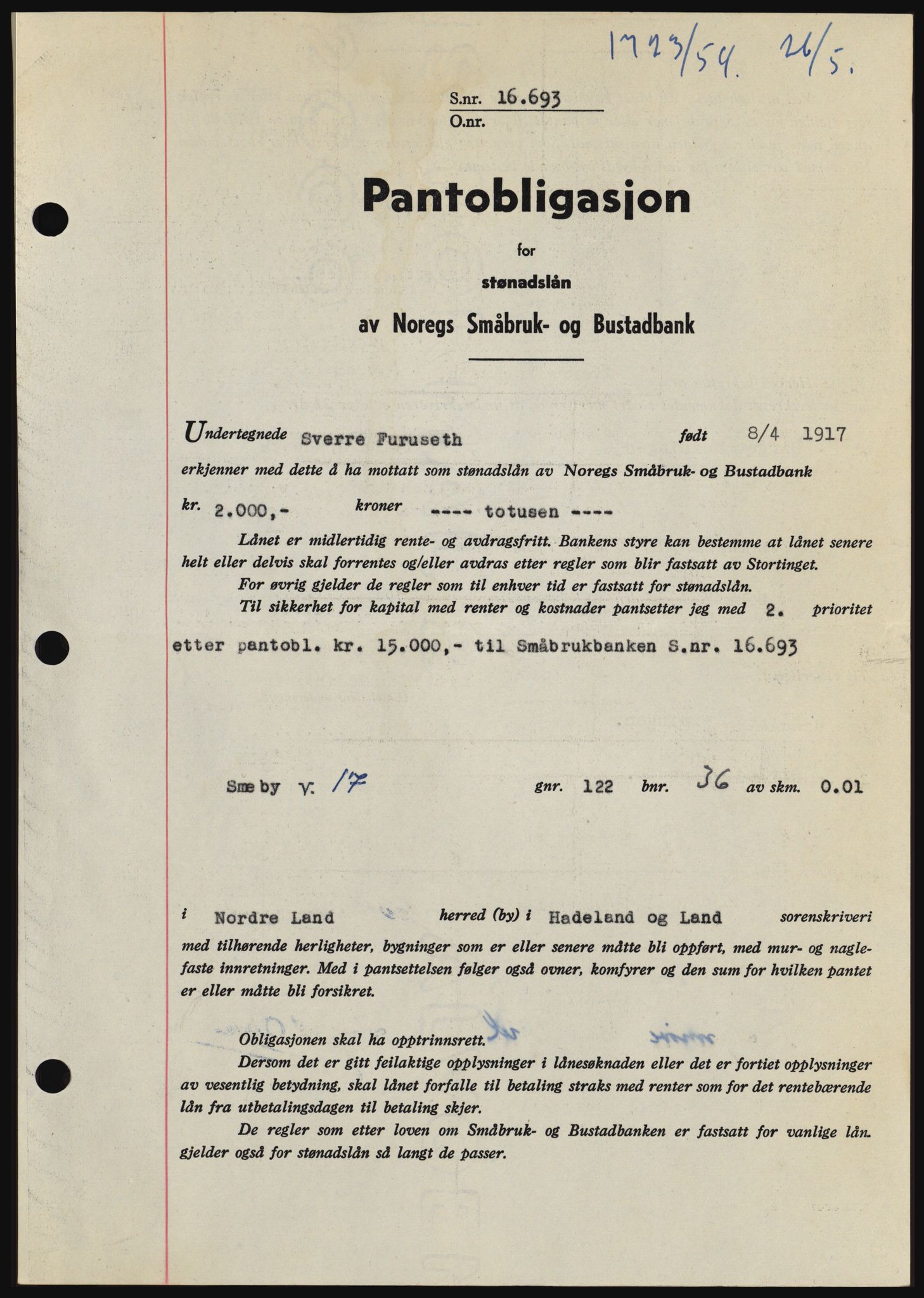 Hadeland og Land tingrett, SAH/TING-010/H/Hb/Hbc/L0029: Pantebok nr. B29, 1954-1954, Dagboknr: 1723/1954
