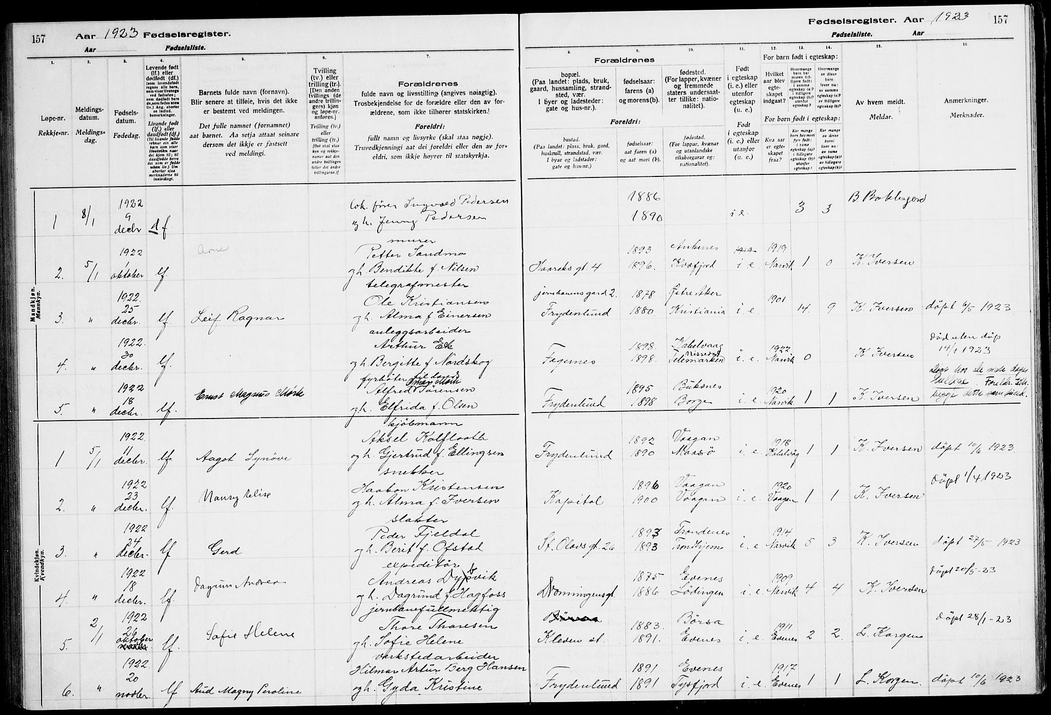 Ministerialprotokoller, klokkerbøker og fødselsregistre - Nordland, AV/SAT-A-1459/871/L1013: Fødselsregister nr. 871.II.4.1, 1916-1924, s. 157