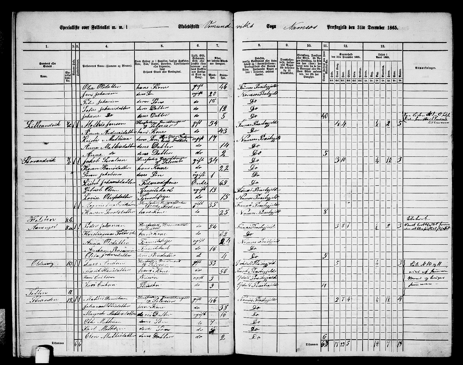 RA, Folketelling 1865 for 1745L Namsos prestegjeld, Vemundvik sokn og Sævik sokn, 1865, s. 11