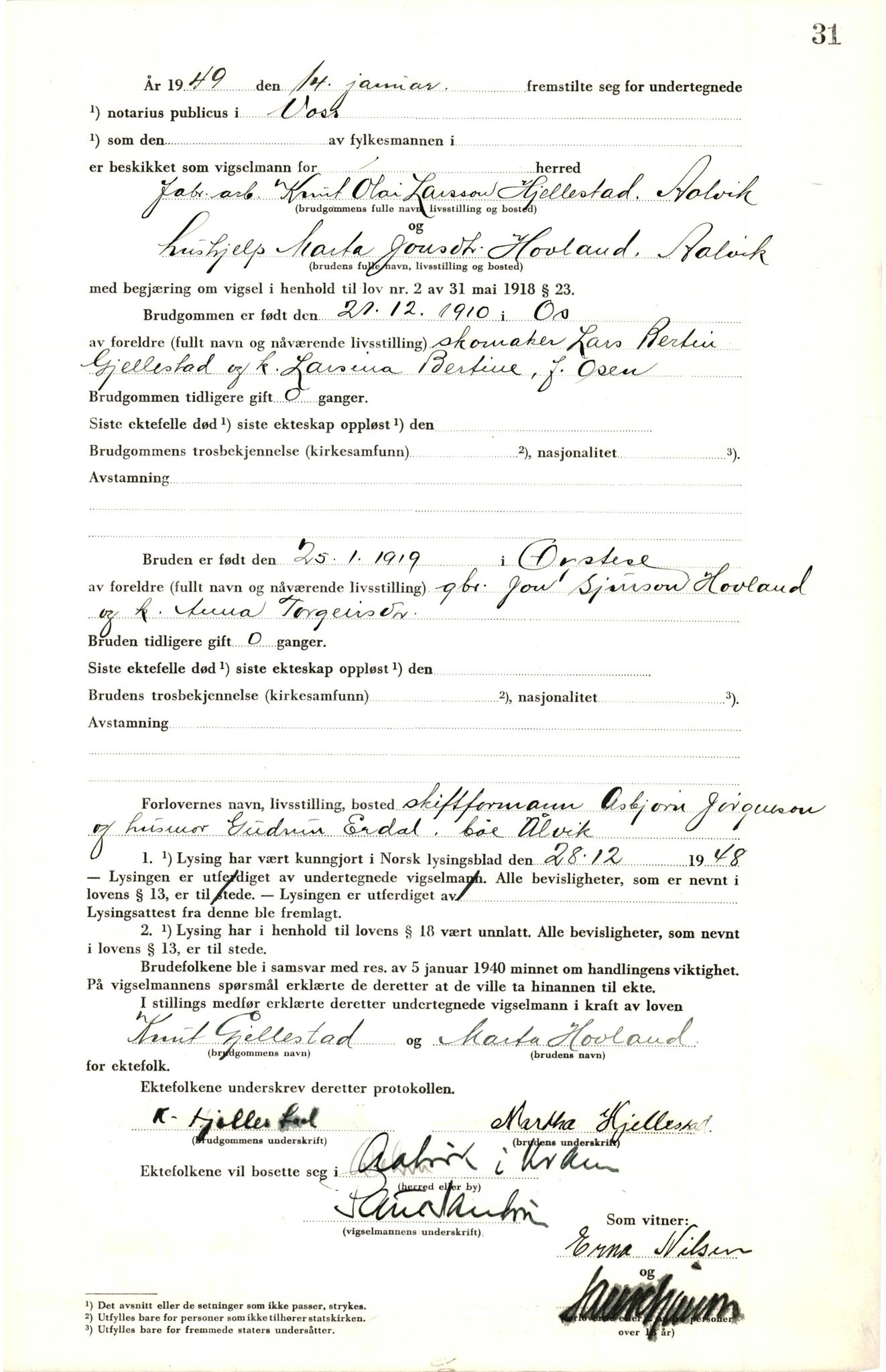 Voss sorenskrivar, AV/SAB-A-2701/M/Maa/L0003: Vigselbok, 1945-1969, s. 31