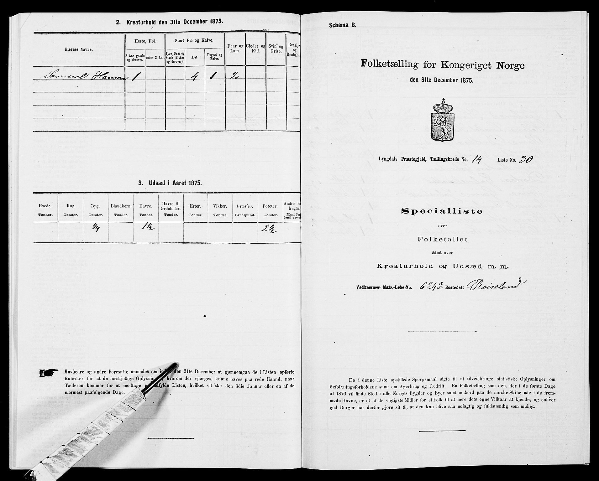 SAK, Folketelling 1875 for 1032P Lyngdal prestegjeld, 1875, s. 2075